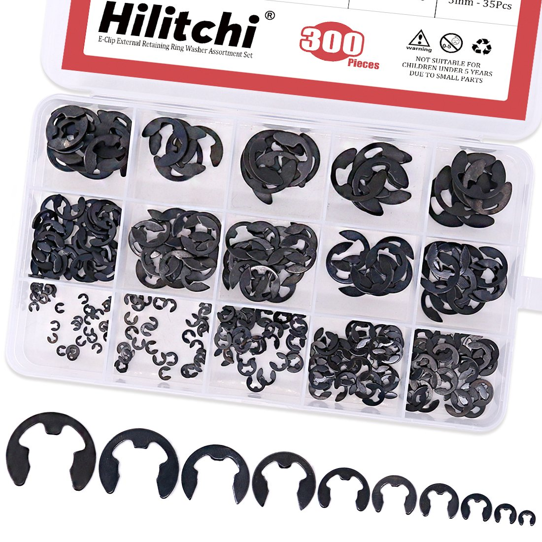 Hilitchi 300-Pcs Alloy Steel E-Clip Circlip External Retaining Ring Assortment Set - 1.5Mm to 10Mm