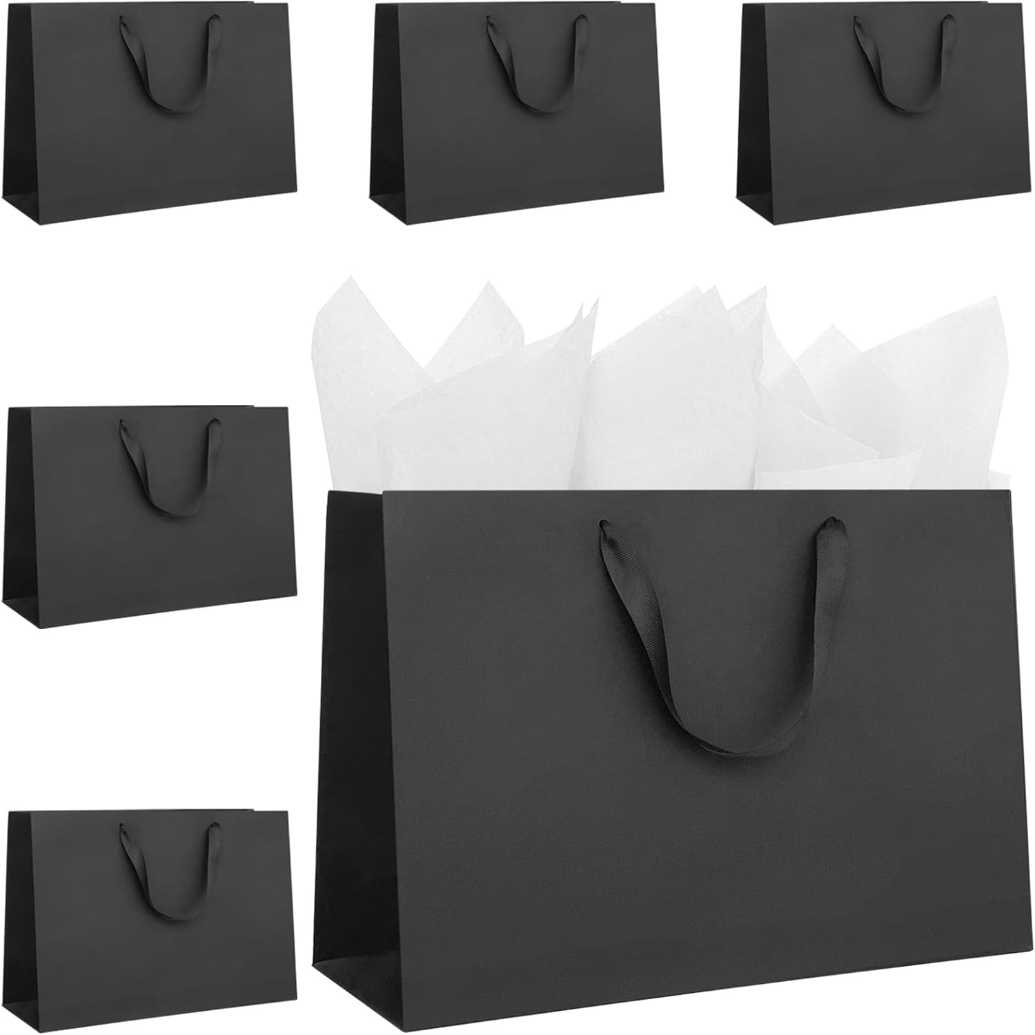 Fayrvind 6 Pack 40 X 28 X 12CM Black Gift Bags with Handles,Large Size Gift Bags Bulk with White Tissue Papers for Christmas Birthday Graduation Anniversary Fancy Wedding, Baby Shower Bridesmaid Party image number 4