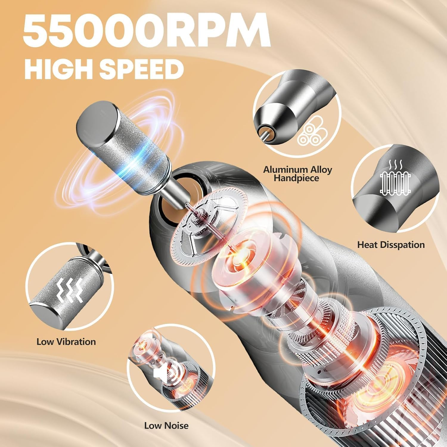 Yisis Professional Cordless Nail Drill, 55000RPM Electric Nail File with LCD Screen, Rechargeable Portable Efile Machine for Acrylic Gel Nails, Home Salon Manicure Pedicure Kit (Pink) - Pink image number 6