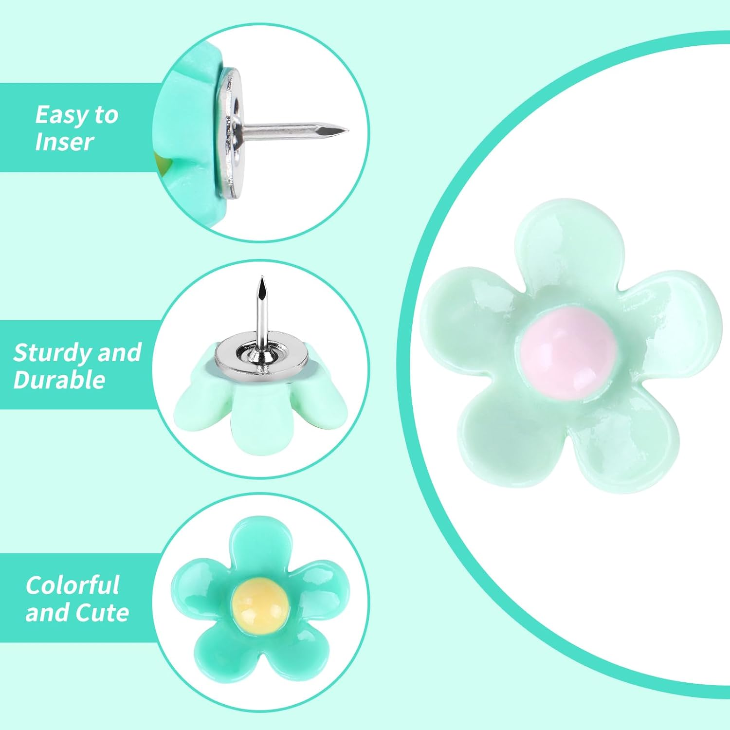 Flower Push Pins, 30Pcs Green Decorative Thumb Tacks for Cork Board, Photo Wall, Feature Wall, Map, Bulletin Board, Office or Home image number 3