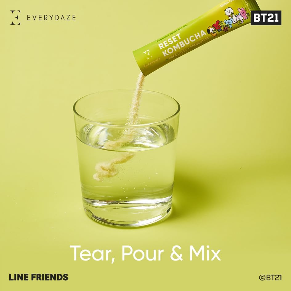 Everydaze Reset Kombucha Tea Powdered Beverage Mix | 10 Sticks | Prebiotics + Probiotics | Vegan | No Added Sugar, Gluten Free, Sparkling Powder Drink Pack (Green Grape) image number 6