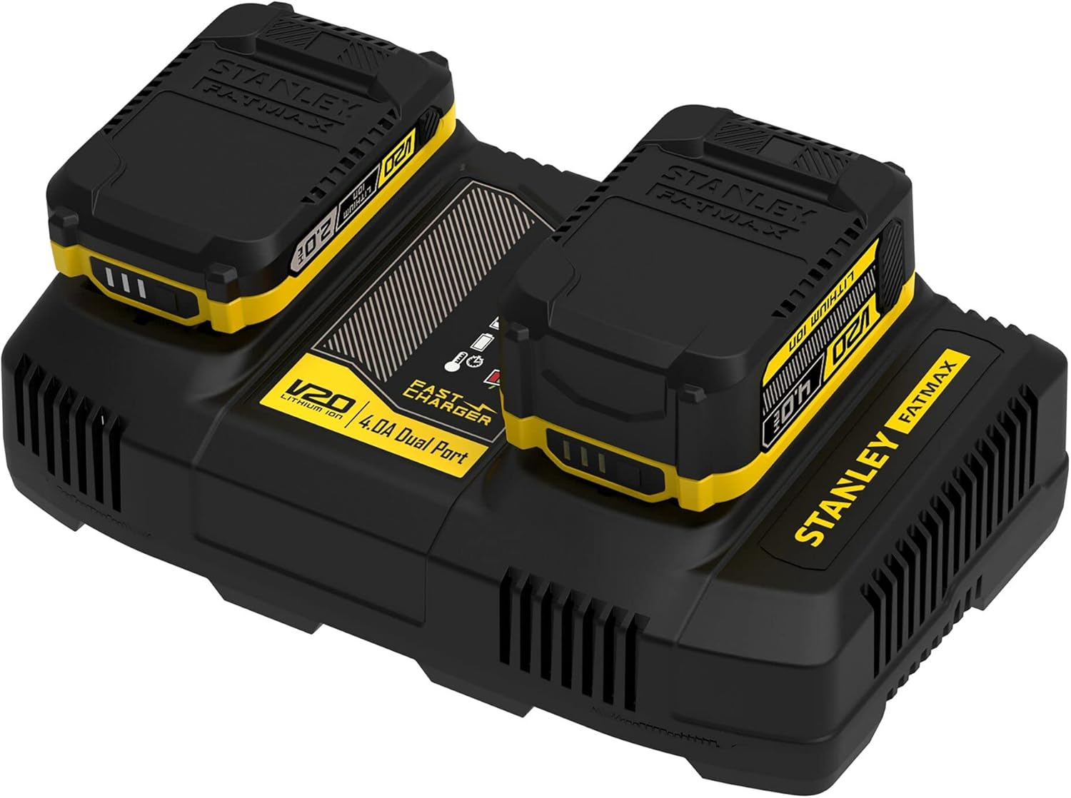 STANLEY FATMAX V20 | 18V 4A Dual Port Battery Fast Charger - Simultaneous Charging, Charges 2X4.0Ah Packs in 30 Minutes, USB Charger for Phones and Tablets image number 3