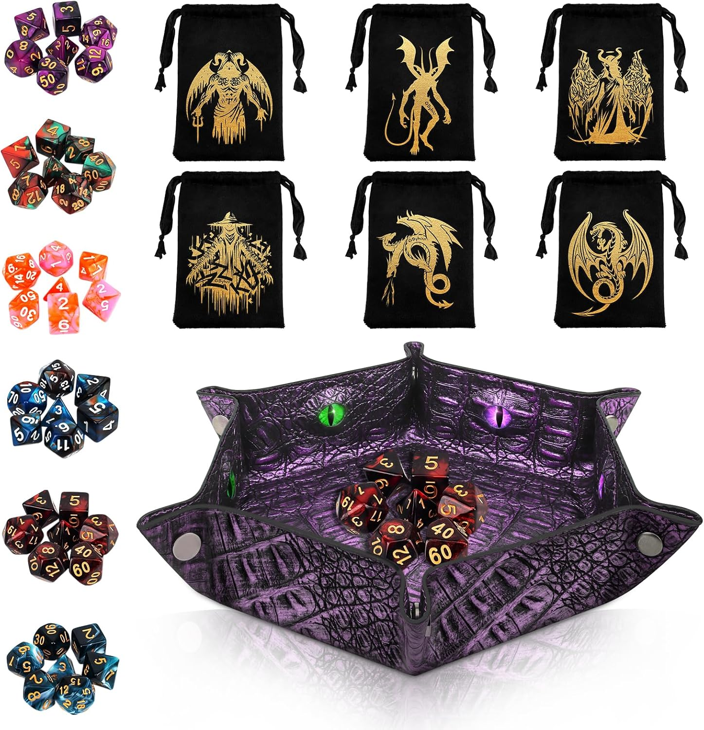 Byhoo DND Dice Set, 6 Sets Double-Colors Polyhedral Dice with 6 Drawstring Bags and Crocodile Pattern Dice Tray for RPG, MTG & Table Games, Ideal for DND Enthusiasts & DM
