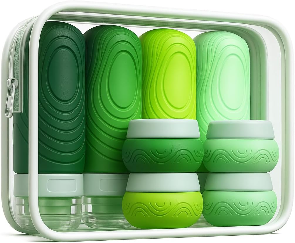 Aeomni Silicone Travel Bottles Set, TSA Approved 3-1-1 &mdash; 4&times; 89 Ml (3 Oz) Squeeze Bottles + 4&times; 30 Ml (1 Oz) Jars, Food-Grade, Leak-Proof, Refillable, with Clear TSA Bag &mdash;Grey Gradient