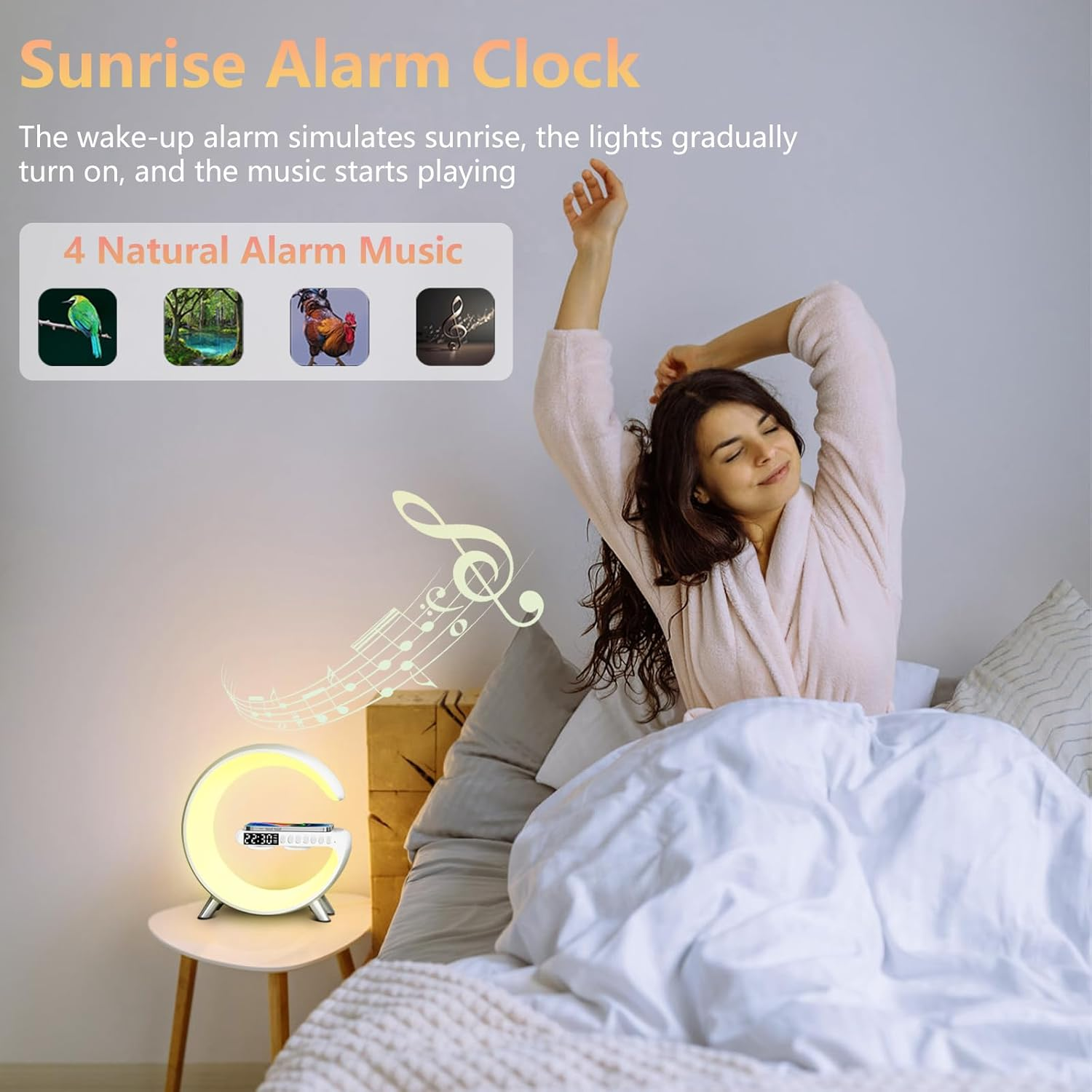 Smart LED Table Lamp, Wireless Charger Atmosphere Lamp, 4-In-1 Wireless Charger, Night Light, Alarm Clock, and Bluetooth Speaker with App Control, Night Lamp for Home Decor, Bedroom, Office