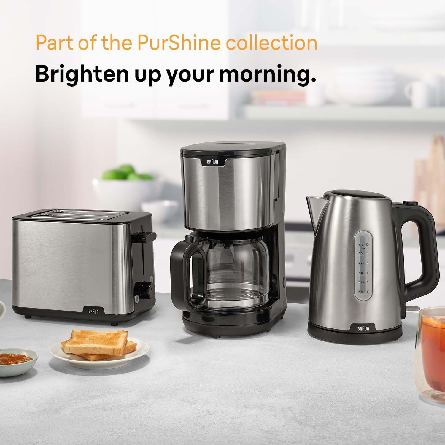 Braun Household Purshine WK1500BK, Electric Kettle with 360&deg; Rotating Base, Water Level Indicator, Cable Storage, Auto Shut-Off Function, 1.7L Capacity, 2200W, Black - White image number 2