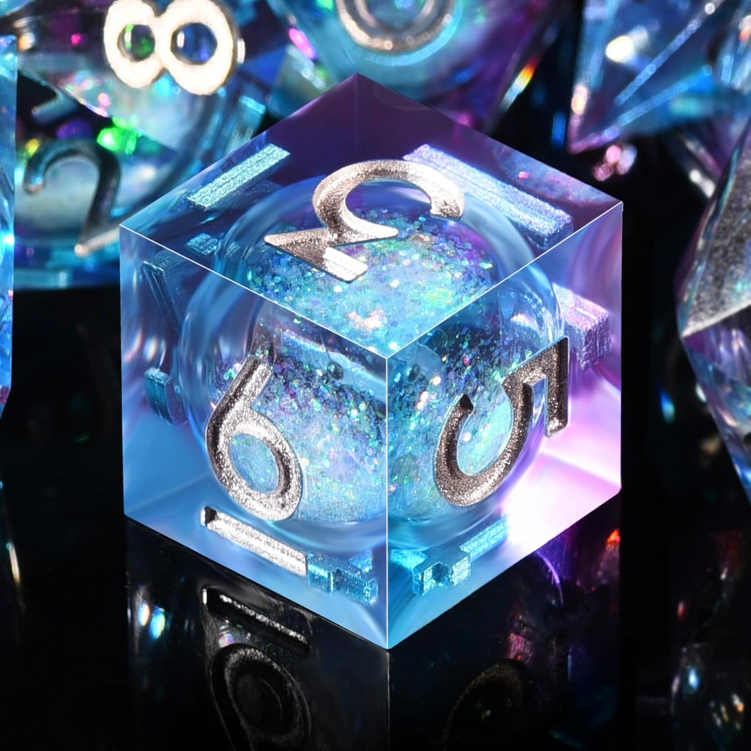 AUSTOR Liquid Core Resin DND Dice Sharp Edge Polyhedral Dice 7-Die DND Dice Set Quicksand Handmade Resin Dice for Dungeons and Dragons RPG MTG Table Games, Blue & Violet - Blue  Black image number 3