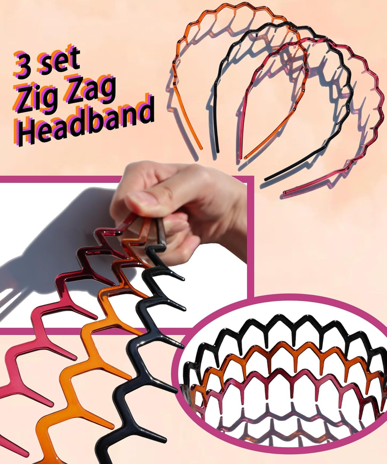 3 Piece Zigzag Hair Comb Set - Plastic Shark Tooth Hair Brush, Headband, 90S Style (1 Black + 1 Brown + 1 Purple) image number 3