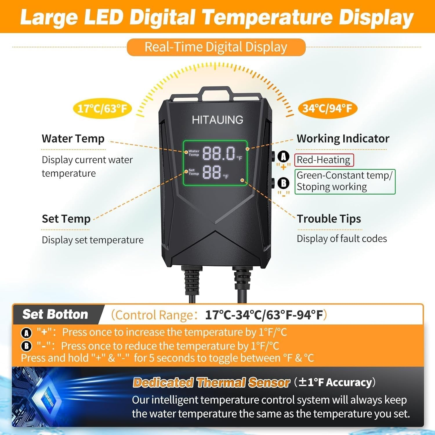 Aquarium Heater 800W for 80-175 Gal, Fish Tank Heater with Intelligent Leaving Water Automatica Stop Heating and Overheating Protection, for Freshwater & Saltwater (AU Plug) image number 6