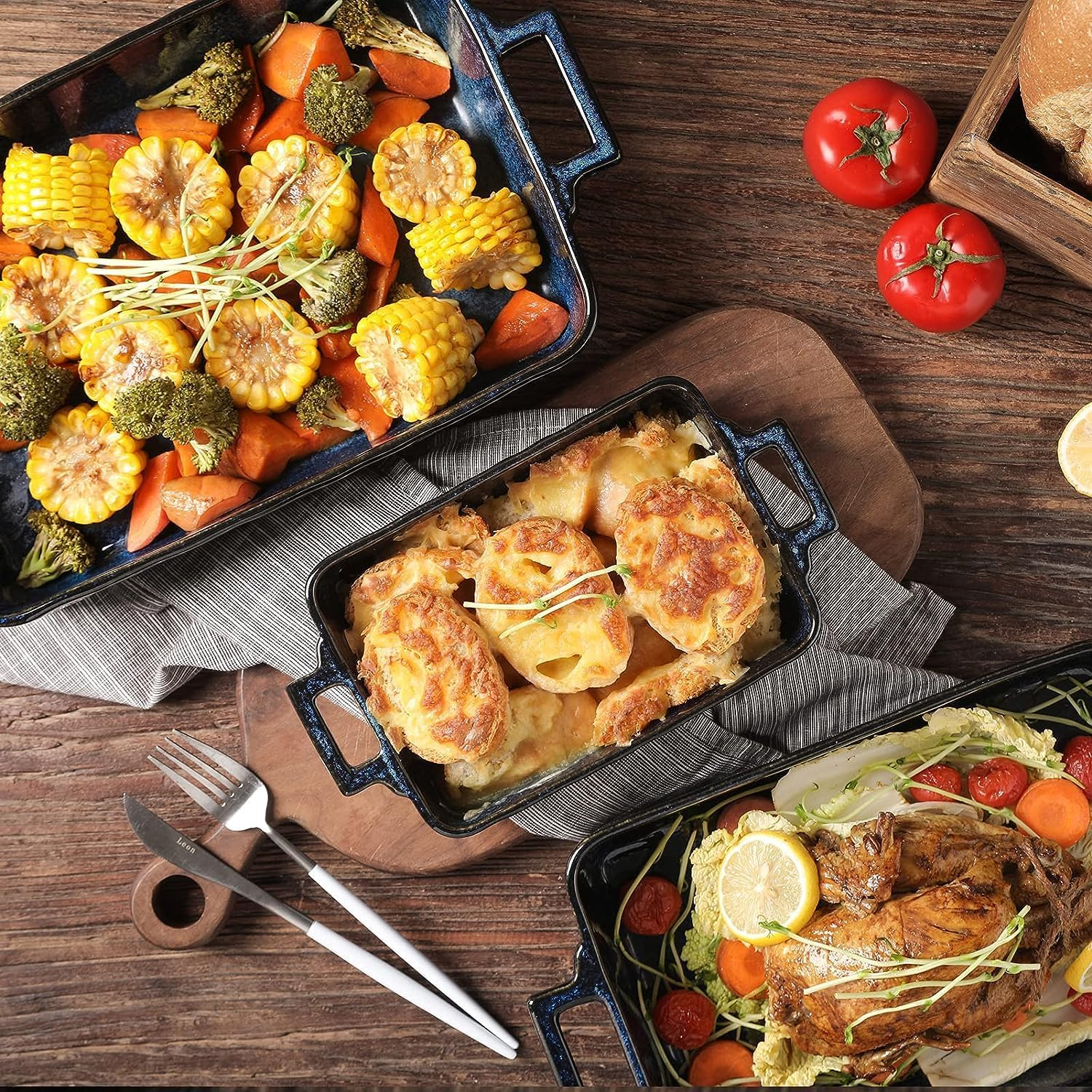 VICRAYS Ceramic Bakeware Set, Porcelain Rectangular Lasagna Pans Casserole Dish Set for Baking, Cooking, Kitchen, Cake Dinner, Banquet and Daily Use, 3 PCS, 15 X 8.5 Inches(Blue) image number 5