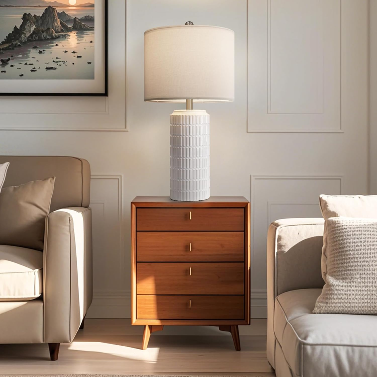 Webcem Ceramic Bedside Table Lamps Set of 2 with 3 Color Temperatures, Modern Lamps for Living Room Bedroom Bathroom Office Hotel Entrance Hall, Nightstand Lamps with White Linen Shade image number 5