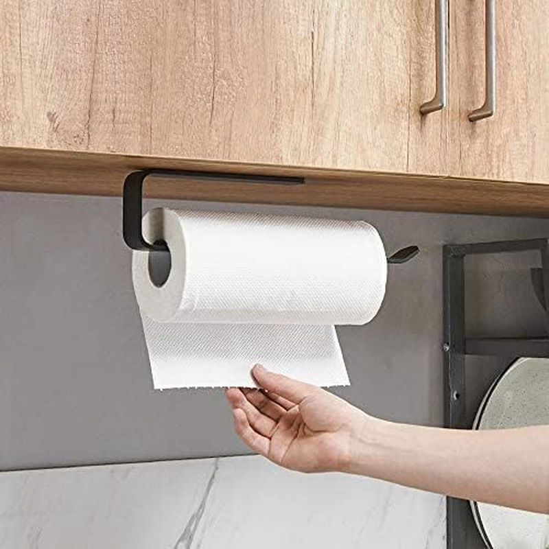 Paper Towel Holder, under Cabinet Paper Roll Holder, Self-Adhesive Kitchen Paper Towel Rack for Kitchen, Bath, Cabinet, Toilet, Paper Rack Metal Roll Paper Rack Hanging (Black)