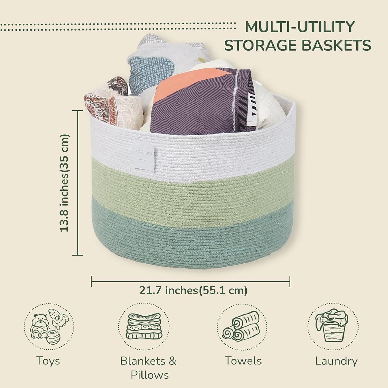 Recycled Cotton Rope Storage Basket - 21.7 X 21.7 X 13.8 Inches Extra Large Basket for Cushions, Blanket, Pillows, Toys - Stylish and Eco-Friendly Living Room Rope Basket - Green & White image number 3