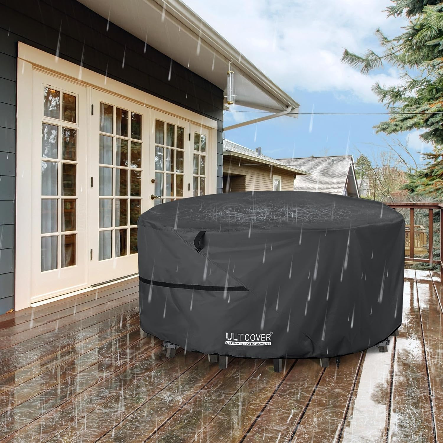 ULTCOVER round Patio Furniture Cover - Outdoor Waterproof Table with Chair Set Cover 76 Inch, Black image number 3