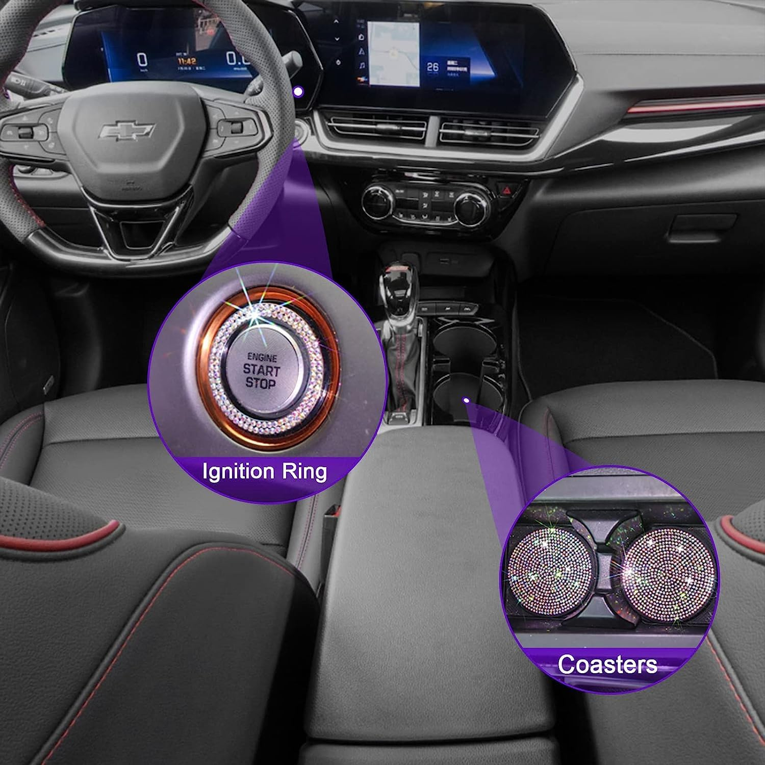 Newzon AB Bedazzled Crystal Car License Plate Cover 2 Pieces, Color Bling License Plate Frames with High End Ribbon Gift Box, Diamond Car Accessories with Coaster, Rhinestone Ignition Ring for Women