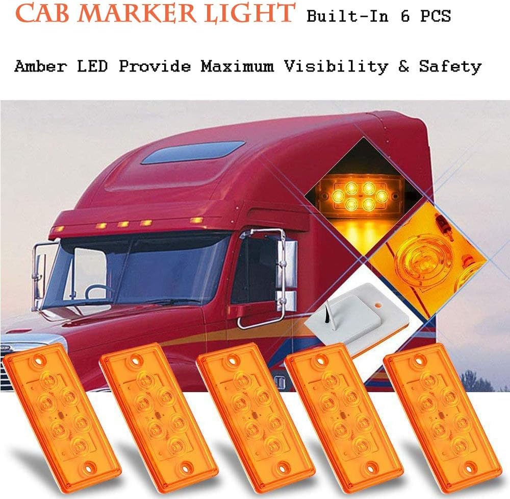 NPAUTO 5Pcs Freightliner Cab Lights 6 LED Amber Roof Top Clearance Marker Lights Compatible for Freightliner Century Columbia Volvo Truck Trailer Camper [Waterproof, Flush Mount] image number 6