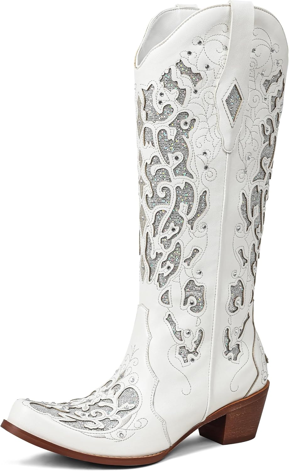 Sarairis Cowboy Boots for Women Cowgirl Boots Western Boots Chunky Heel Pointed Toe Pull on Rhinestones Embroidered Knee High Boots Mid Calf Boots