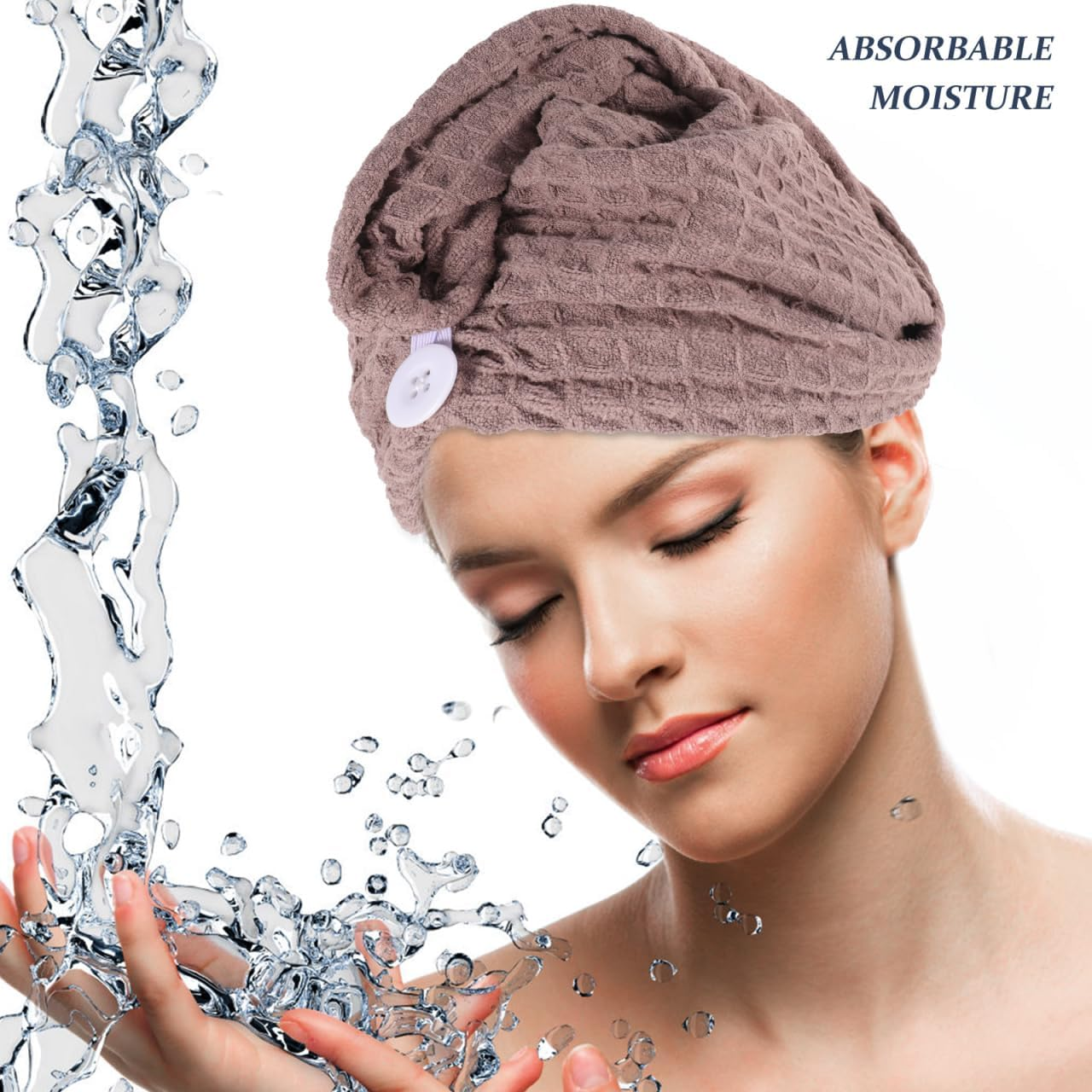 TOVINANNA Hair Drying Towel Wrap for Wet Hair with Button Closure Quick Absorbent Microfibre Turban Towel for Home Spa Use - Assorted Color image number 3