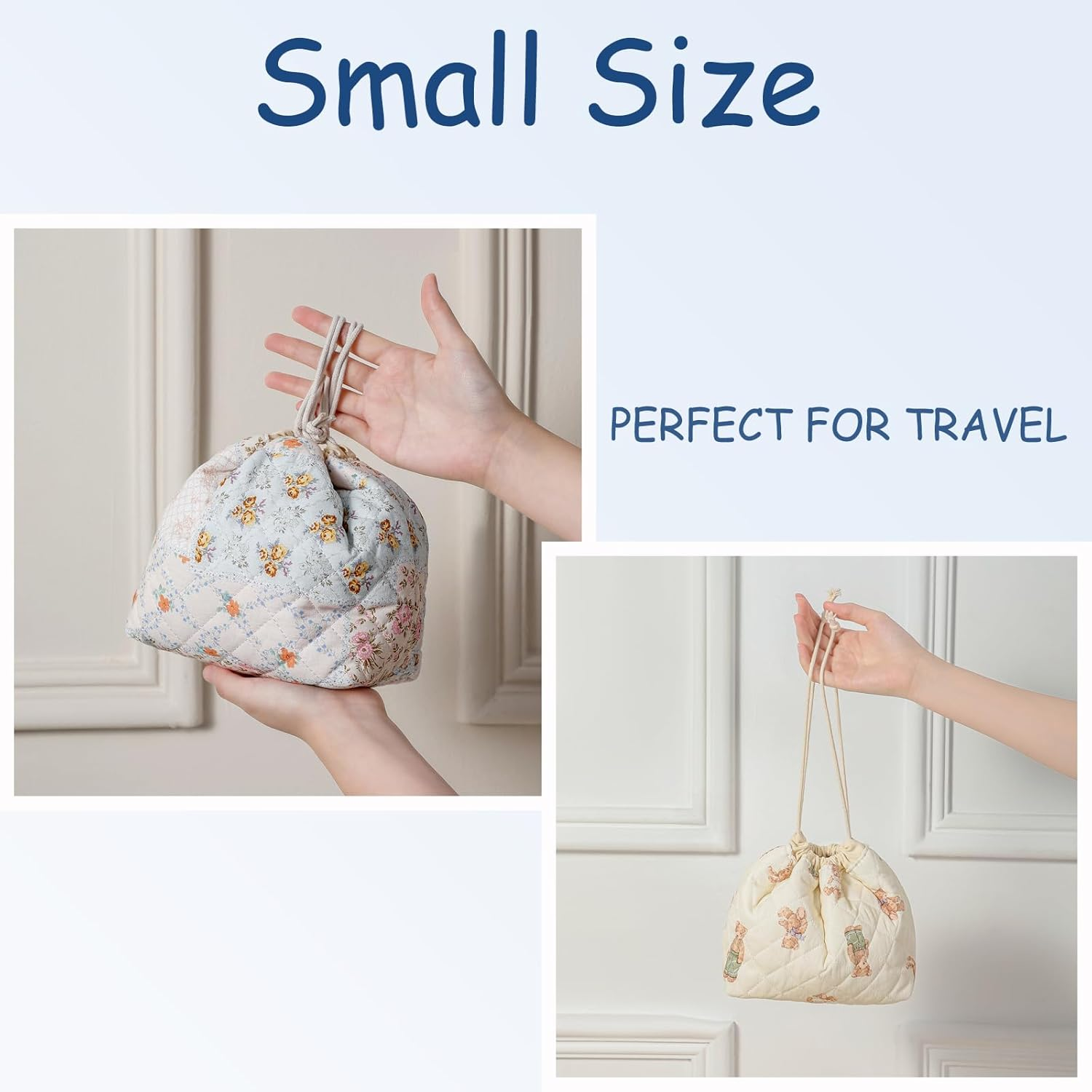 Cotton Quilted Drawstring Makeup Bag with Canvas Lining,Coquette Aesthetic Cute Travel Toiletry Bag,Drawstring Gift Bag for Women and Girls, 03Pink Bows - 03Pink Bows image number 3