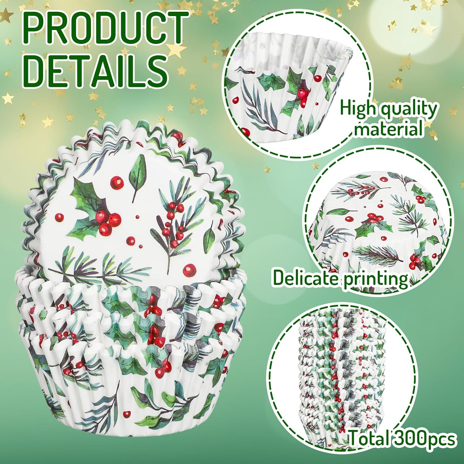 Whaline 300Pcs Christmas Cupcake Liners Holly Print Baking Cups Holders Watercolor Holly Jolly Cupcake Wrappers Red Green Berry Muffin Liners for Xmas Holiday Birthday Party Supplies image number 1