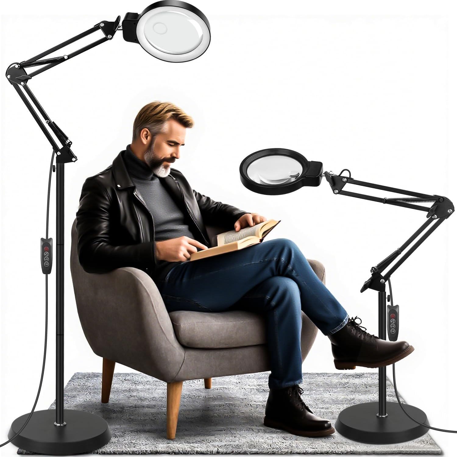 Lquan 20X 10X Magnifying Glass with Light and Stand, 72 LED Light, 3 Color Modes, Adjustable Brightness, 2 in 1 Adjustable Height Magnifier Floor Lamp for Repair, Sewing, Reading, Crafts, Hobbies