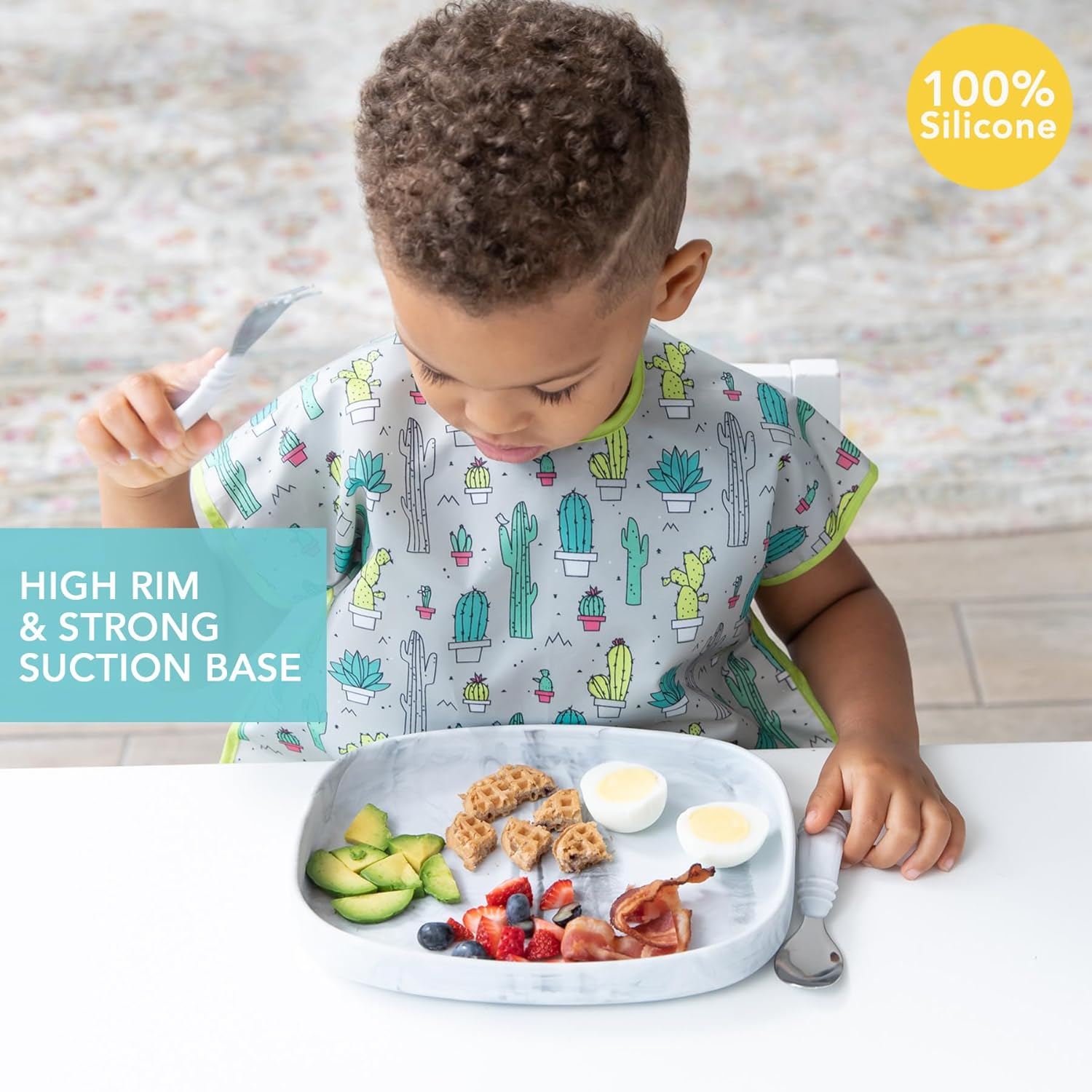Bumkins Silicone Suction Grip Tray, Kids Large Plate, BPA Free, Microwave and Dishwasher Safe, Marble