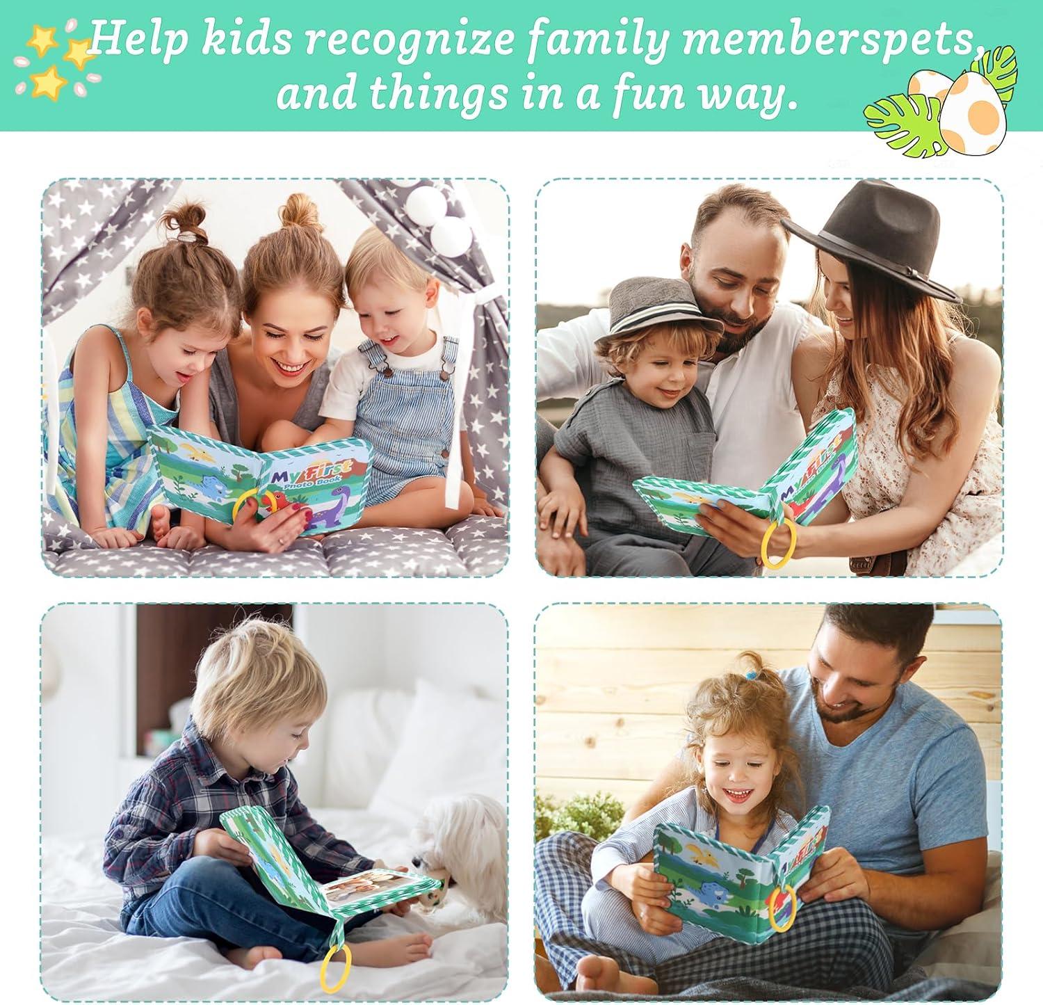 My First Photo Book for Baby 4&times;6 Inch Soft Cloth Photo Album for Family Memory with Baby Safe Mirror Toddler Photo Album Gift for New Parents (Dinosaur, 1)