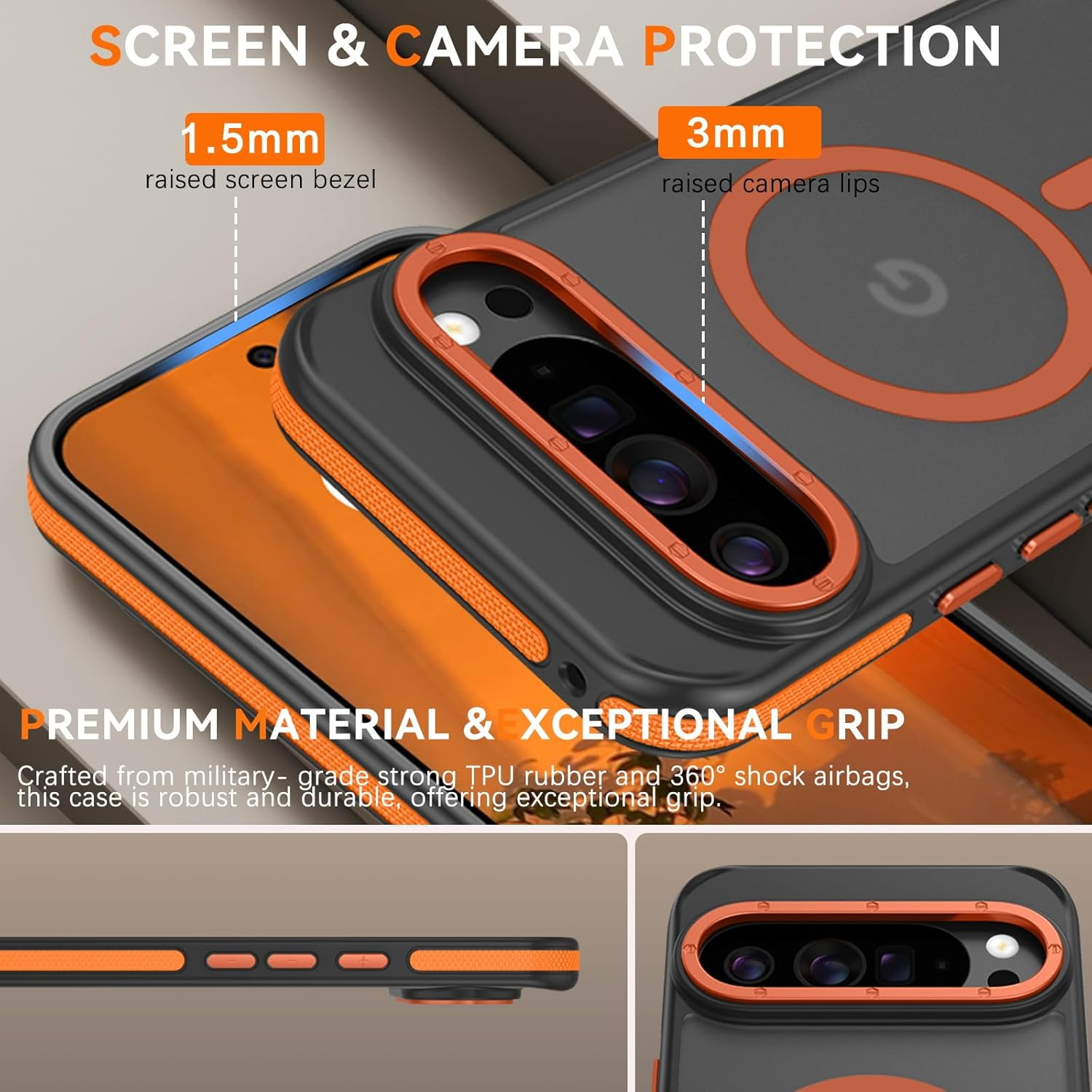 DOMAVER Magnetic for Google Pixel 10 Pro XL Case, Compatible with Magsafe Accessories, Military Grade Drop Protection, Translucent Matte Shockproof Phone Case for Pixel 10 Pro XL, Black Orange image number 1
