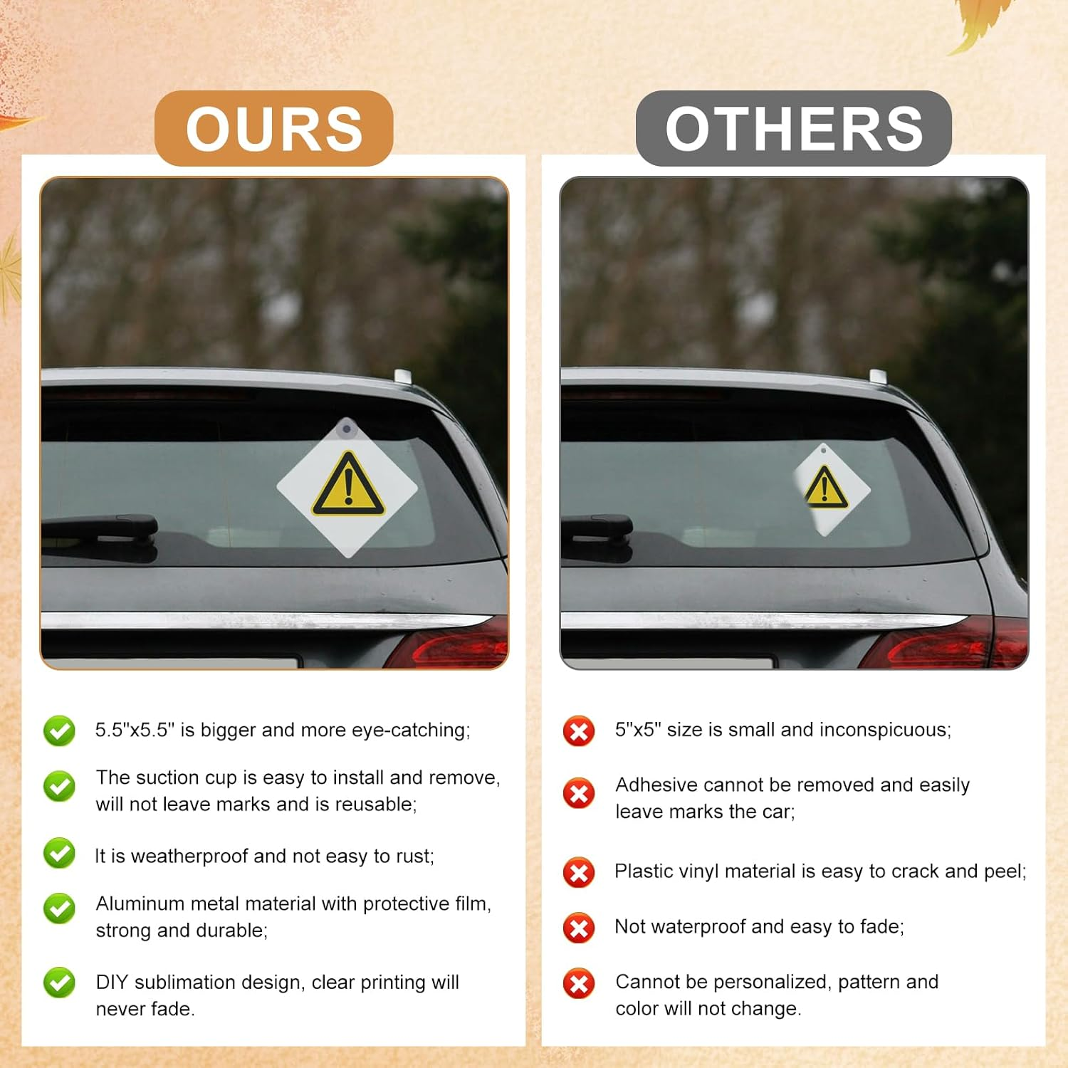 10Pcs Sublimation Blank Suction Cup Sign, Suction Cup Car Window Sign Sublimation Metal Sign Blanks Removable Blank Car Window Sign Car Safety Warning Sign for DIY Crafts image number 6