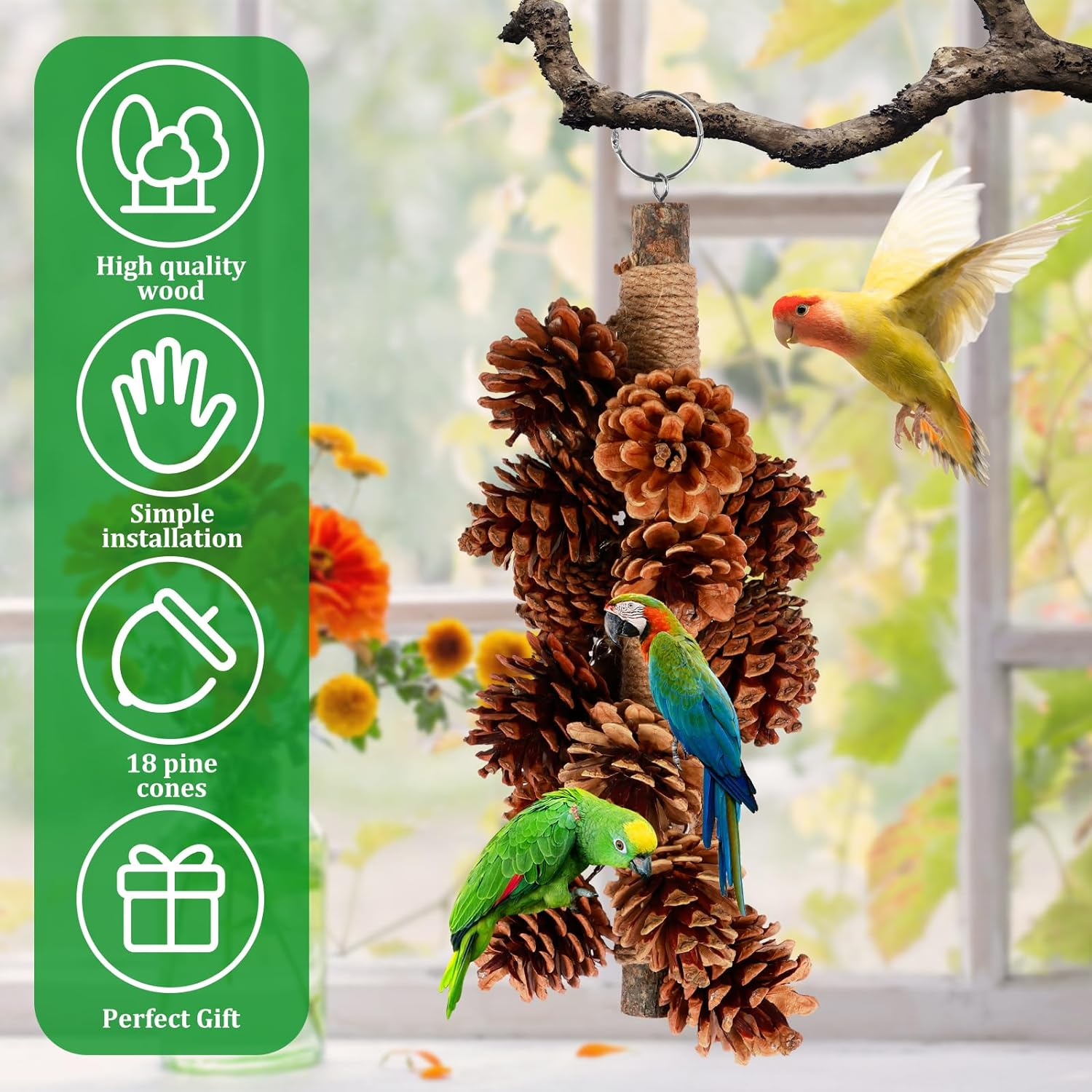 Parrot Chewing Toy with 18 Pine Cones Natural Wooden Parrot Toys Hangable Bird Parrot Chewing Toy Wooden Bird Chewing Toy Suitable for Cockatiels, Conures, Finches, Parrots, Macaws, Parrots image number 5