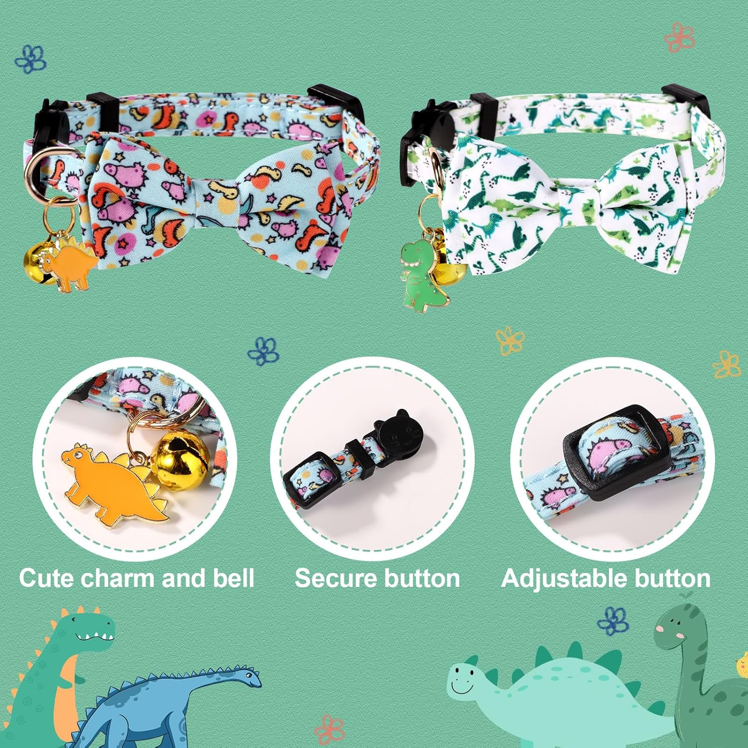 2Pcs Dinosaur Patterned Cat Collar, Cat Collar with Bell Adjustable Dinosaur Cat Collars Bowtie Cat Collar Fancy Cat Collar for Male and Female Cats image number 3