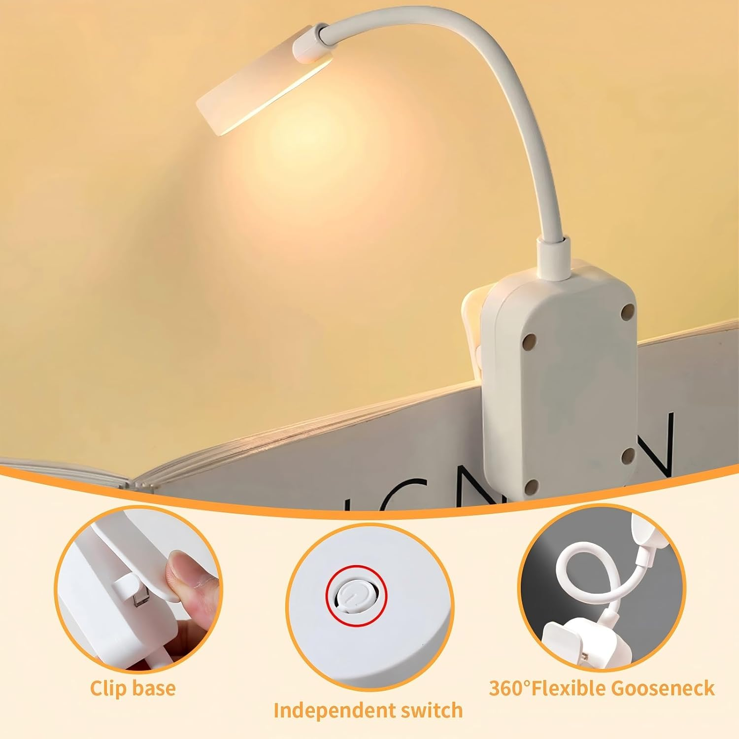 4 LED Clip on Reading Light, 3 Eye-Protecting Modes Flexible Book Light Lamp (Warm&Cool White) -Stepless Dimming, Portable and Ultra-Lightweight, Clip on to Book, Desk, Battery Powered image number 4