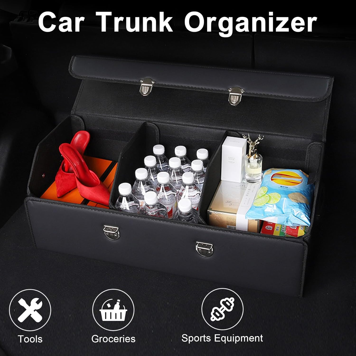 Car Organizers for Trunk for Suv Sedan, Car Trunk Organizer, Leather Storage Box, Extra Large Boot Organiser, Button Lid,Collapsible Adjustable Multi Compartment Auto Boot Tidy (Black-Small) image number 6