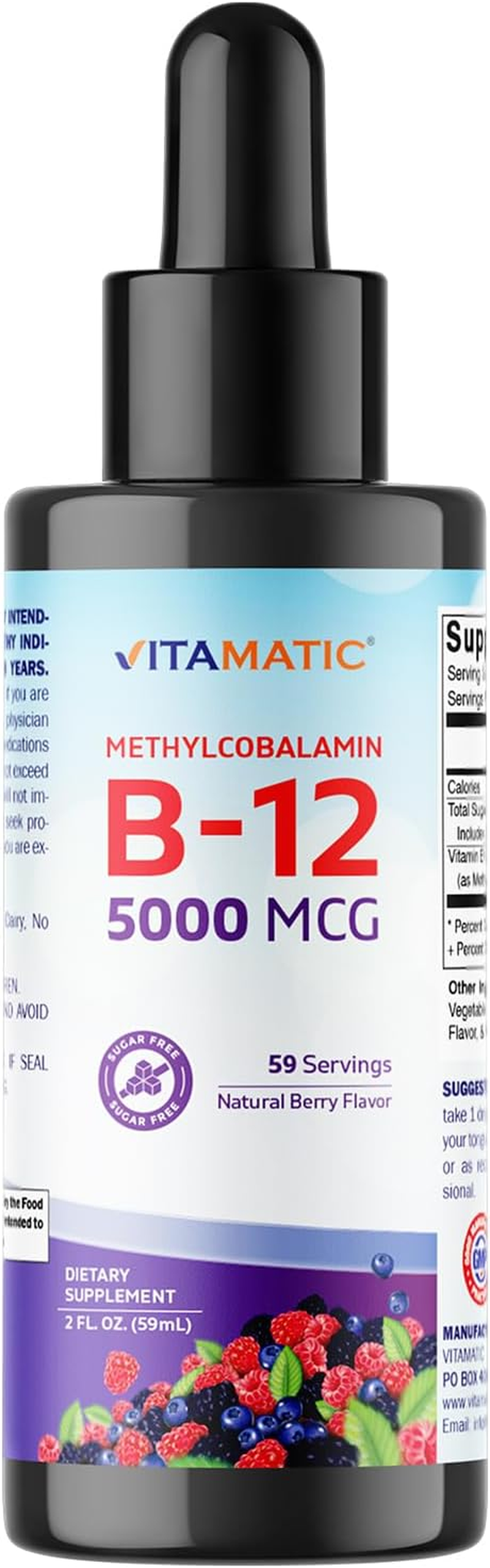 Vitamatic Fast Acting Liquid Vitamin B12 5000 Mcg (Methylcobalamin) - Natural Berry Flavor - Sublingual Supplement - Faster Absorption - 2 OZ image number 5