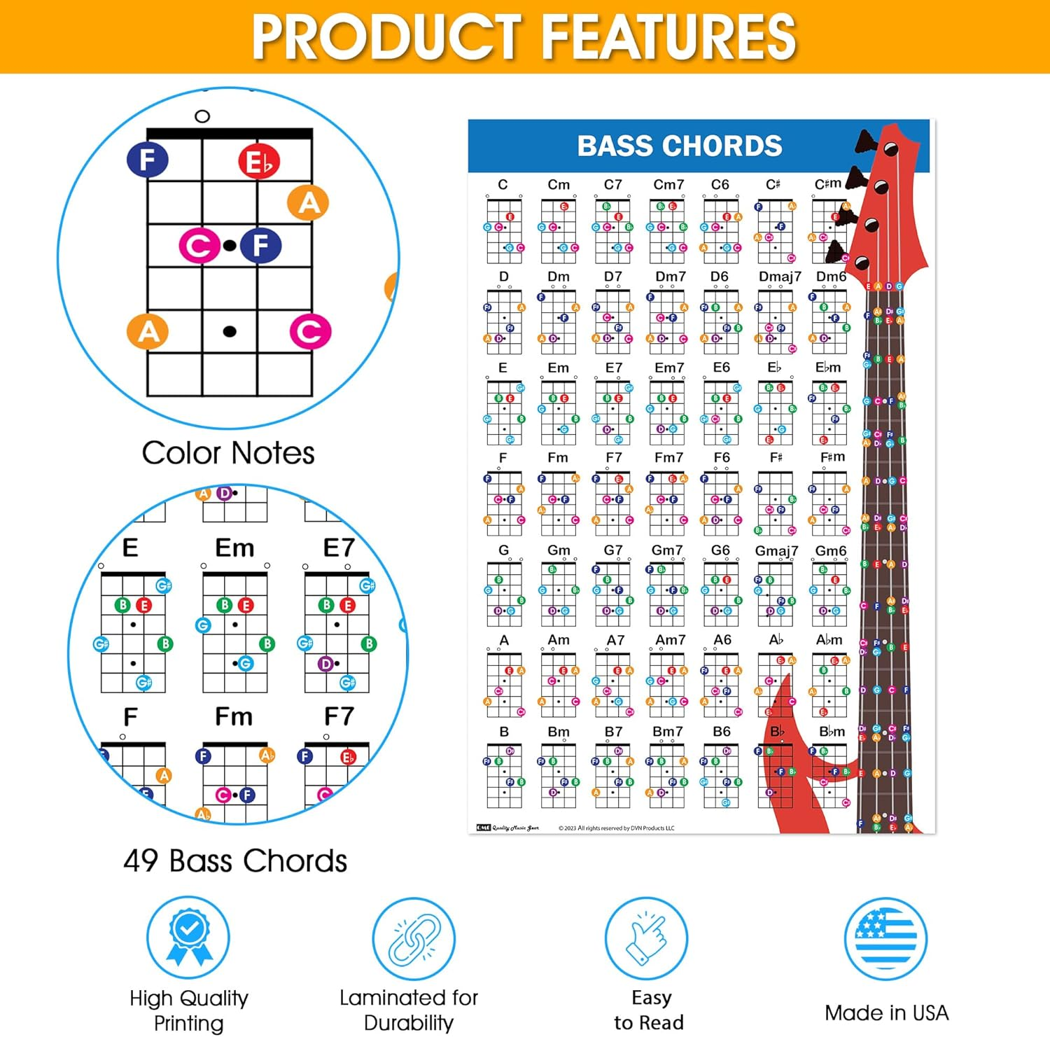 QMG Bass Guitar Chord Poster (11"X17"), Bass Guitars Accessories, Laminated Bass Chord Chart, 49 Color Coded Chords, Beginner Bass Chords Chart for Learn to Play Music Theory image number 4