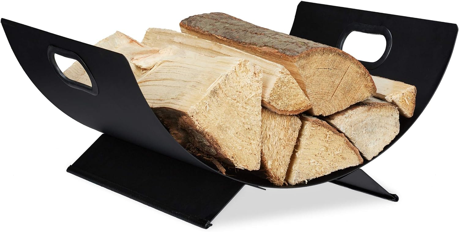 Relaxdays Firewood Basket Metal Modern Firewood Storage inside H X D: 18.5 X 40.5 X 33 Cm Large Wooden Tray Black image number 6
