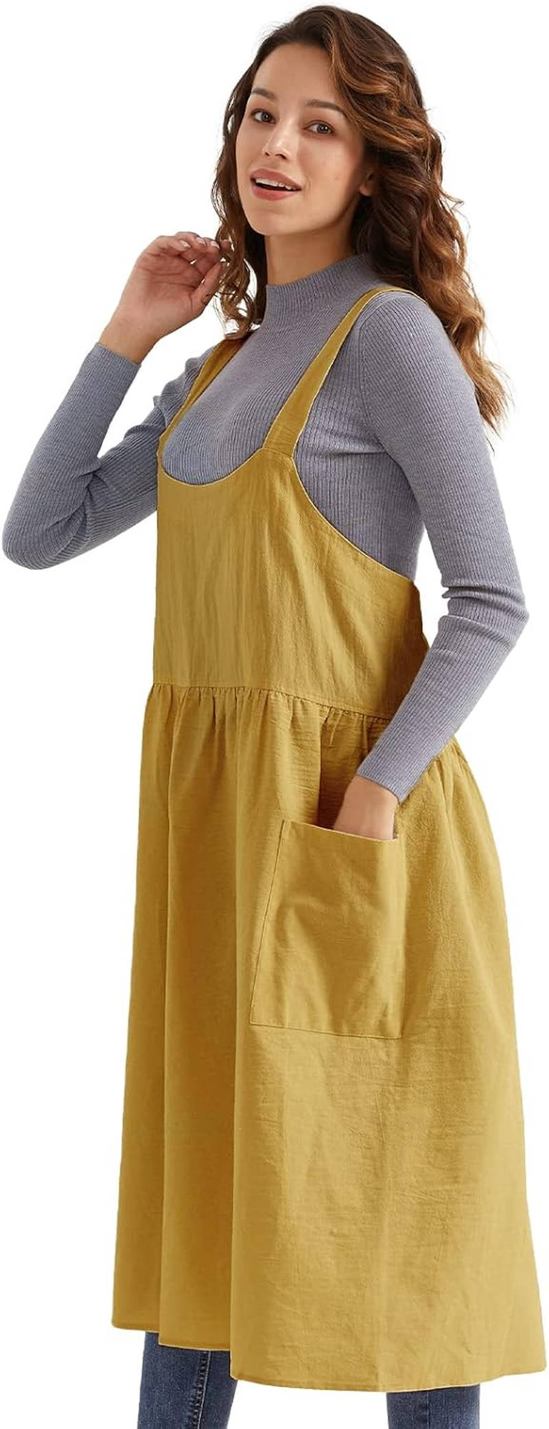 Surblue Cotton Linen Apron Cross Back Apron for Women with Pockets Pinafore Dress for Baking Cooking Gardening image number 1