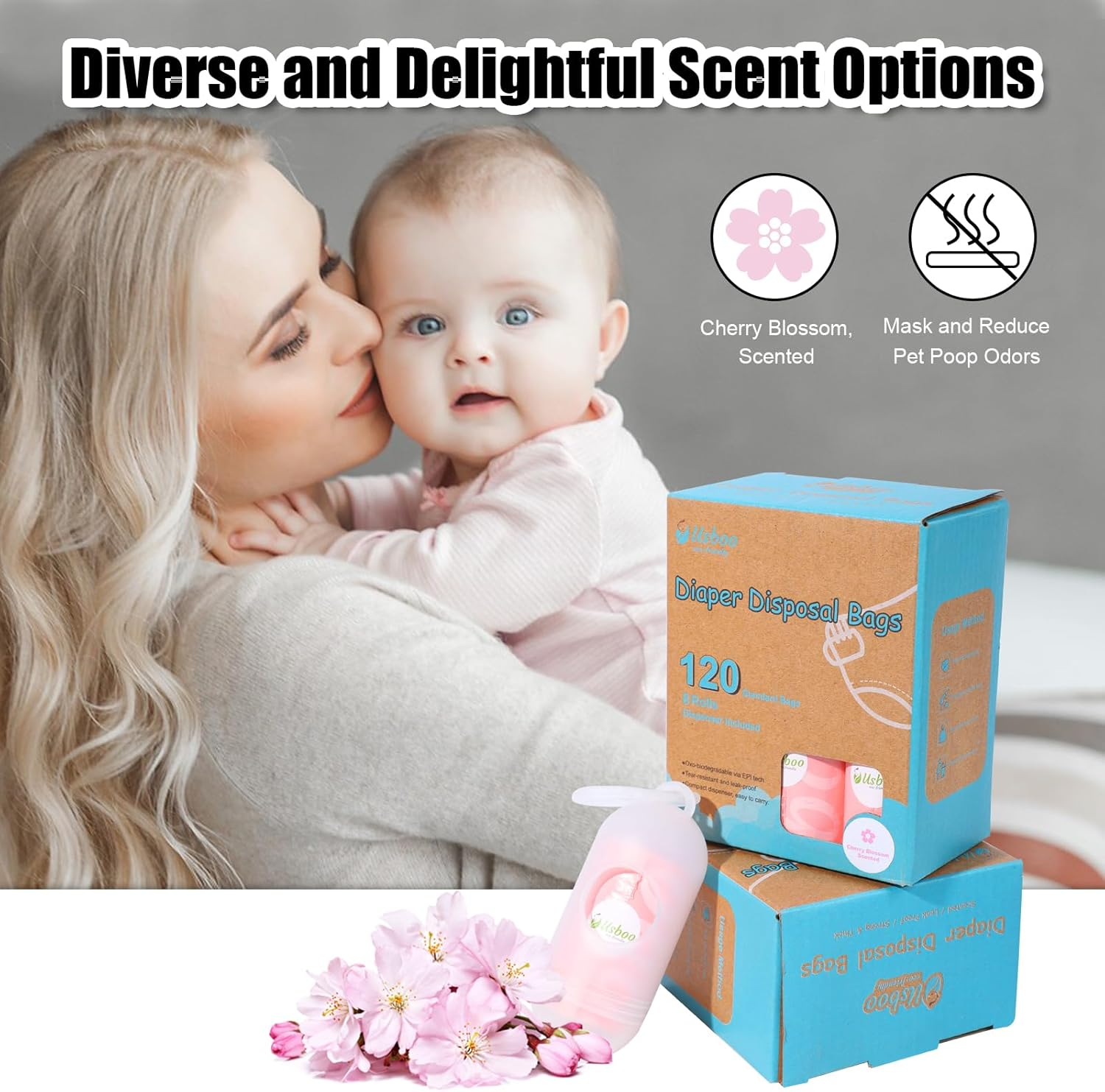 Disposable Diaper Bags for Baby - Cherry Blossom Scented, Disposable Trash Bag with Dispenser - 20 Refill Rolls (300 Pack),Ideal for Diaper Disposal image number 2