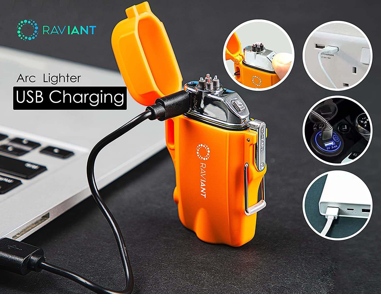 RAVIANT Ligher, Electric Plasma Lighter, Rechargeable Electric Lighter- Flameless Dual Arc Lighter with Emergency Whistle, Flint Rod, and USD Cable for Outdoor Adventures (Orange) [100% Aussie-Owned] - Black image number 4