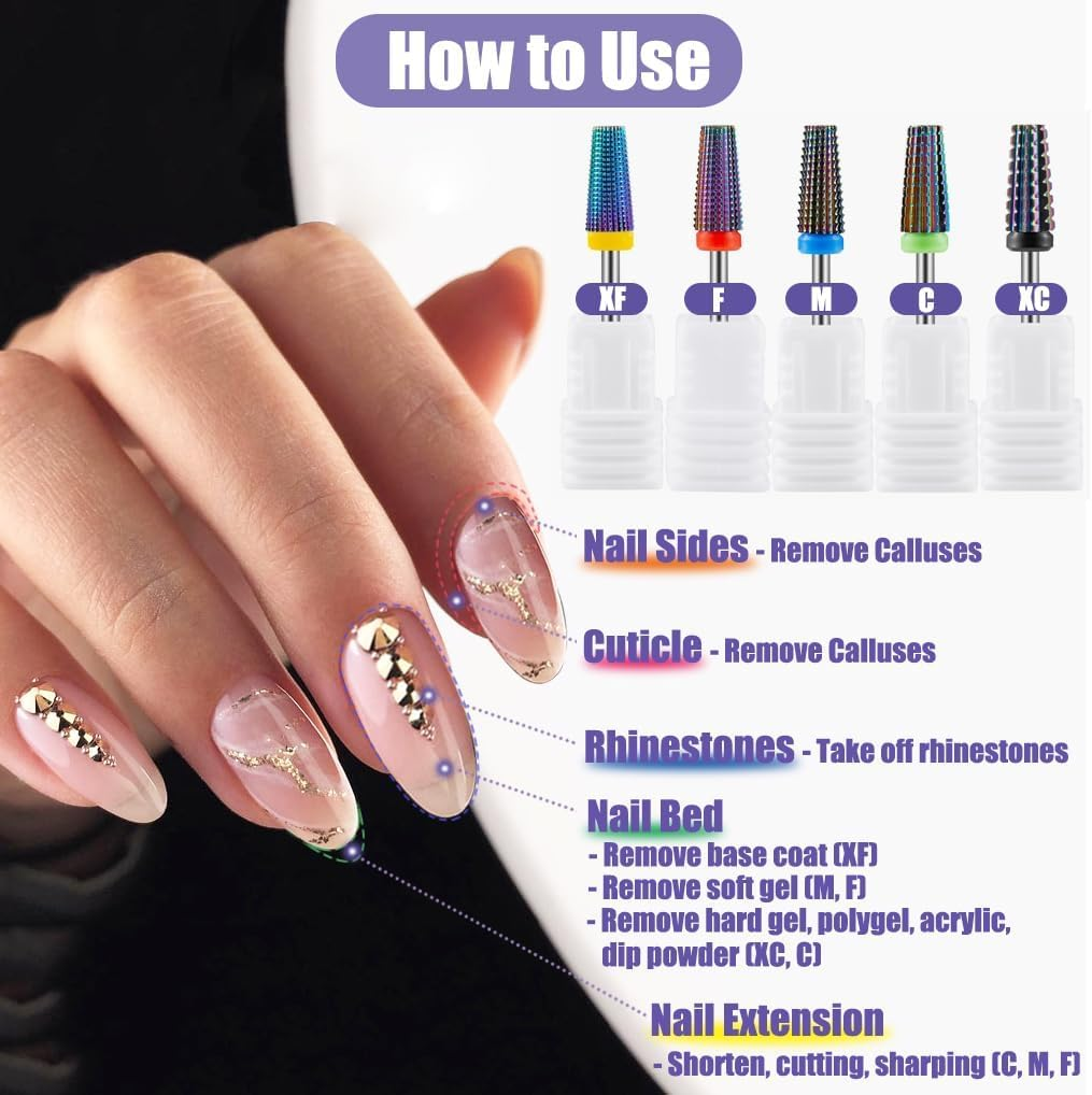 Yakamoz 5Pcs Nail Drill 5 in 1Bits Set, 2.35Mm Shank Carbide Tungsten Multifunctional Cuticle Drill Bits Electric Manicure Nail File Bit for Acrylic Nail & Manicure Pedicure image number 2