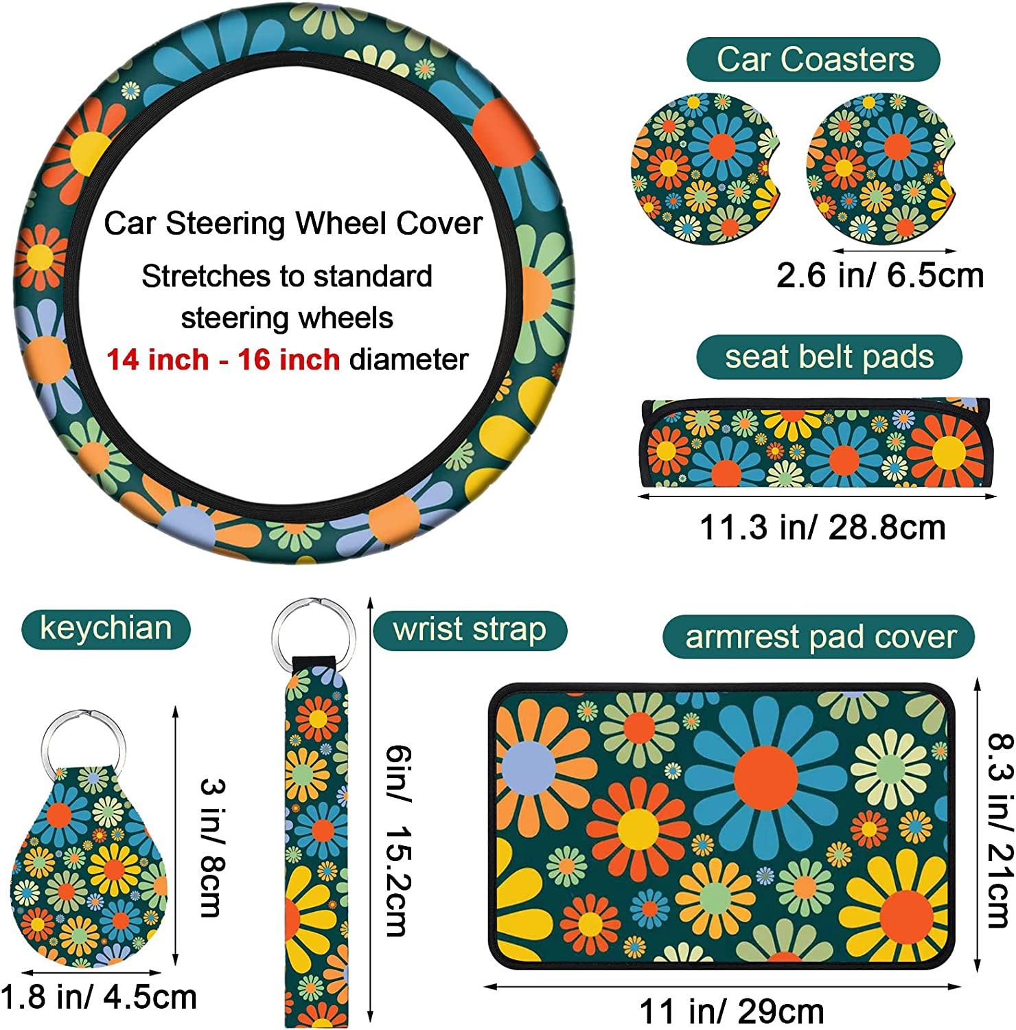 17 Pcs Hippie Flower Car Seat Cover Set Universal Car Accessories Colorful Art Floral Seat Cover Steering Wheel Cover Car Armrest Cover Cup Holder Mat Keyring Shoulder Pad Wrist Strap for Women Men image number 2