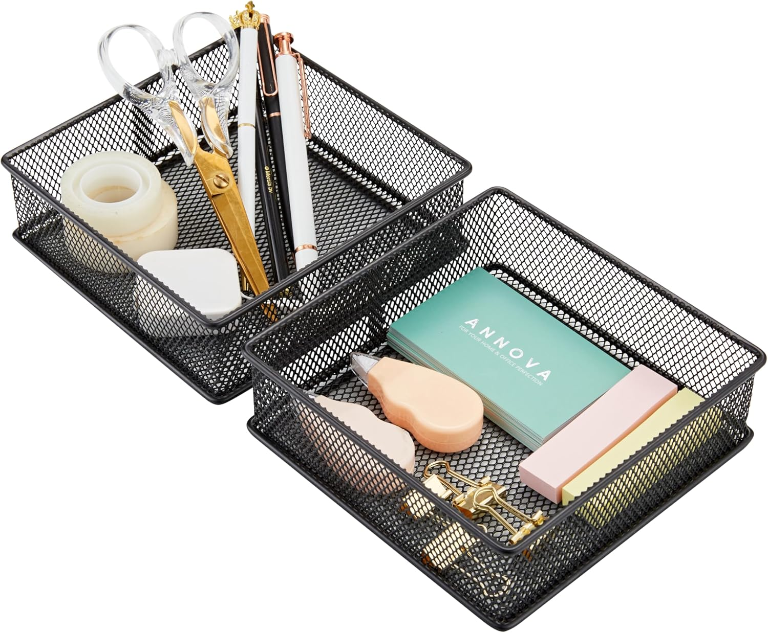 Annova Mesh Drawer Cabinet and Shelf Organizer Bins Storage Basket School Office Supply Holder Tray- Set of 2 (Black, 15X15X5 CM)