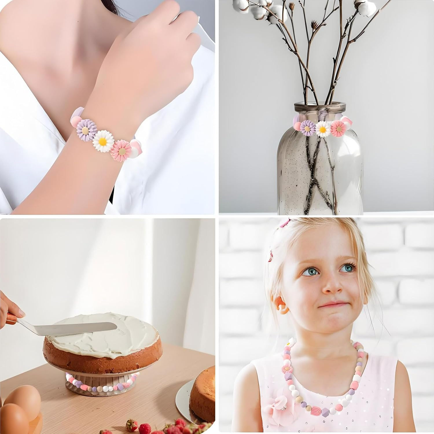 MYTOAU 100Pcs Daisy Silicone Beads, Boho round Daisy Flower Shape Silicone Craft Beads with Nylon Rope for DIY Crafts Jewelry Necklaces Bracelets Keychain Making