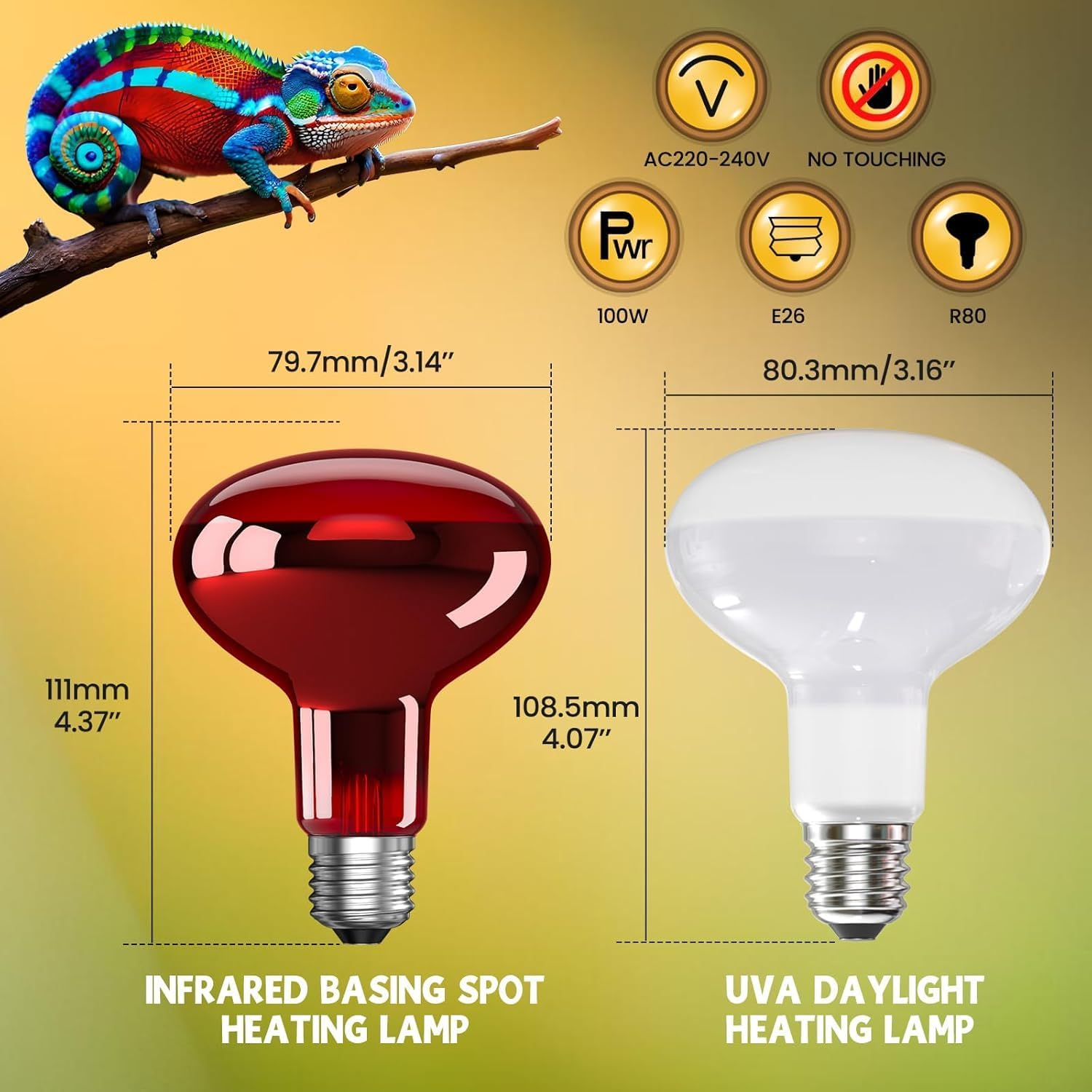 Glowup 100 W Heat Lamp Turtles E27 R80 Daylight Sun Spotlight and Infrared Heater 220 V Reptile Lamp Terrarium Heat Lamp UV Lamp Tortoise for Lizards, Turtles, Chicks