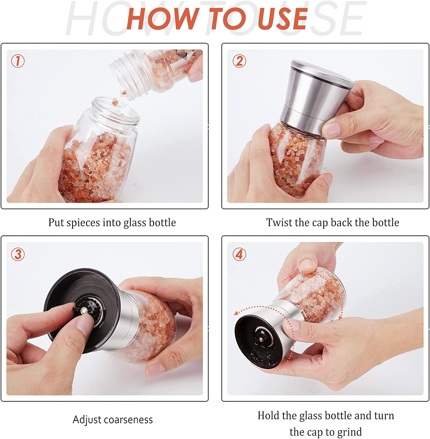 Salt and Pepper Grinder Set - Refillable Grinder Adjustable Coarseness of Pepper Salt Spice Stainless Steel Mills Glass 6Oz（2 Pack） - Silver1 image number 6