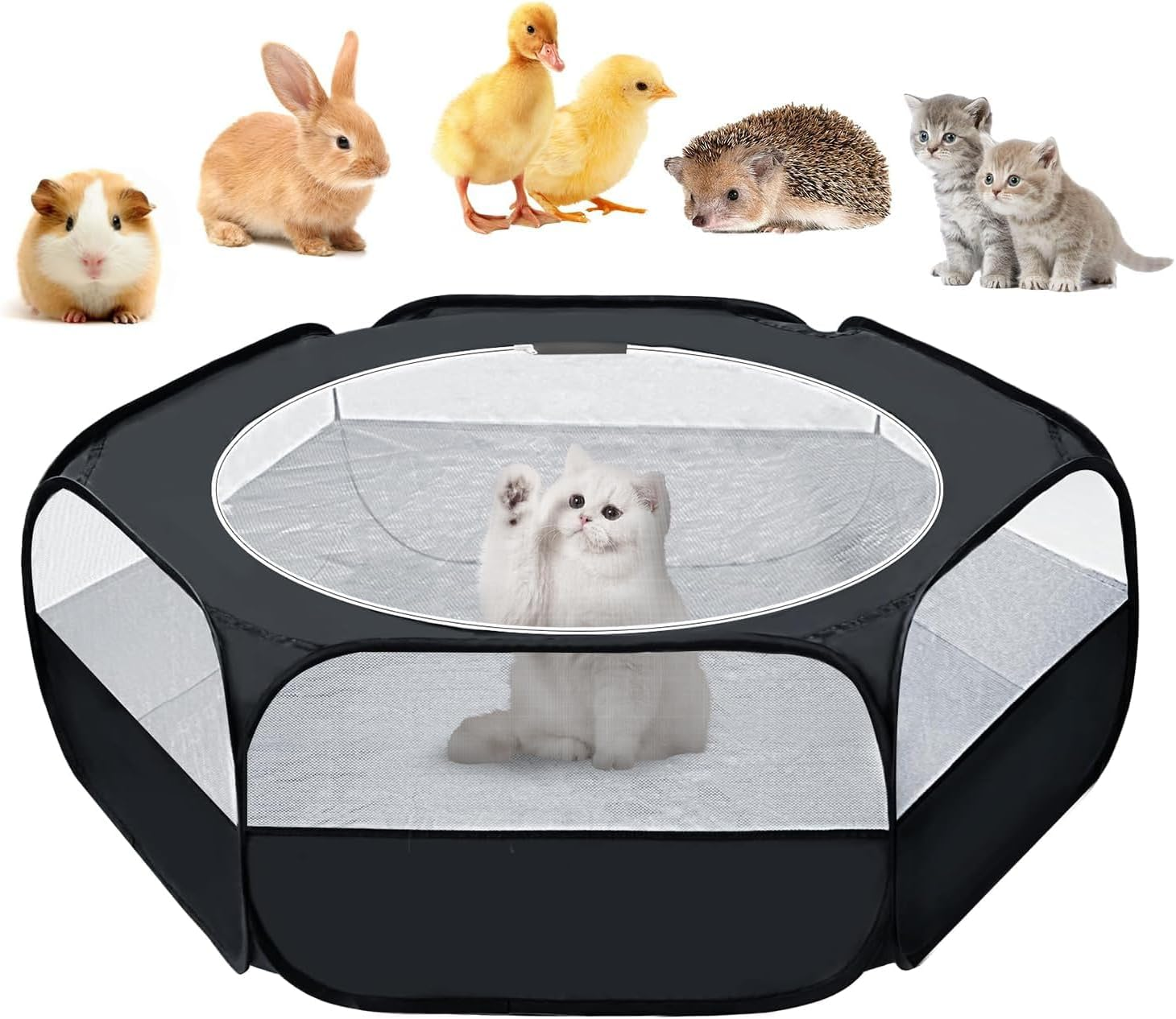 UWE Small Animal Playpen, Chicken Brooder Box with Cover Top, Portable Outdoor Exercise Pet Cage Tent, Waterproof Breathable Pet Playpen Indoor for Chick Ktiien Bunny Hamster Guinea Pig, Black