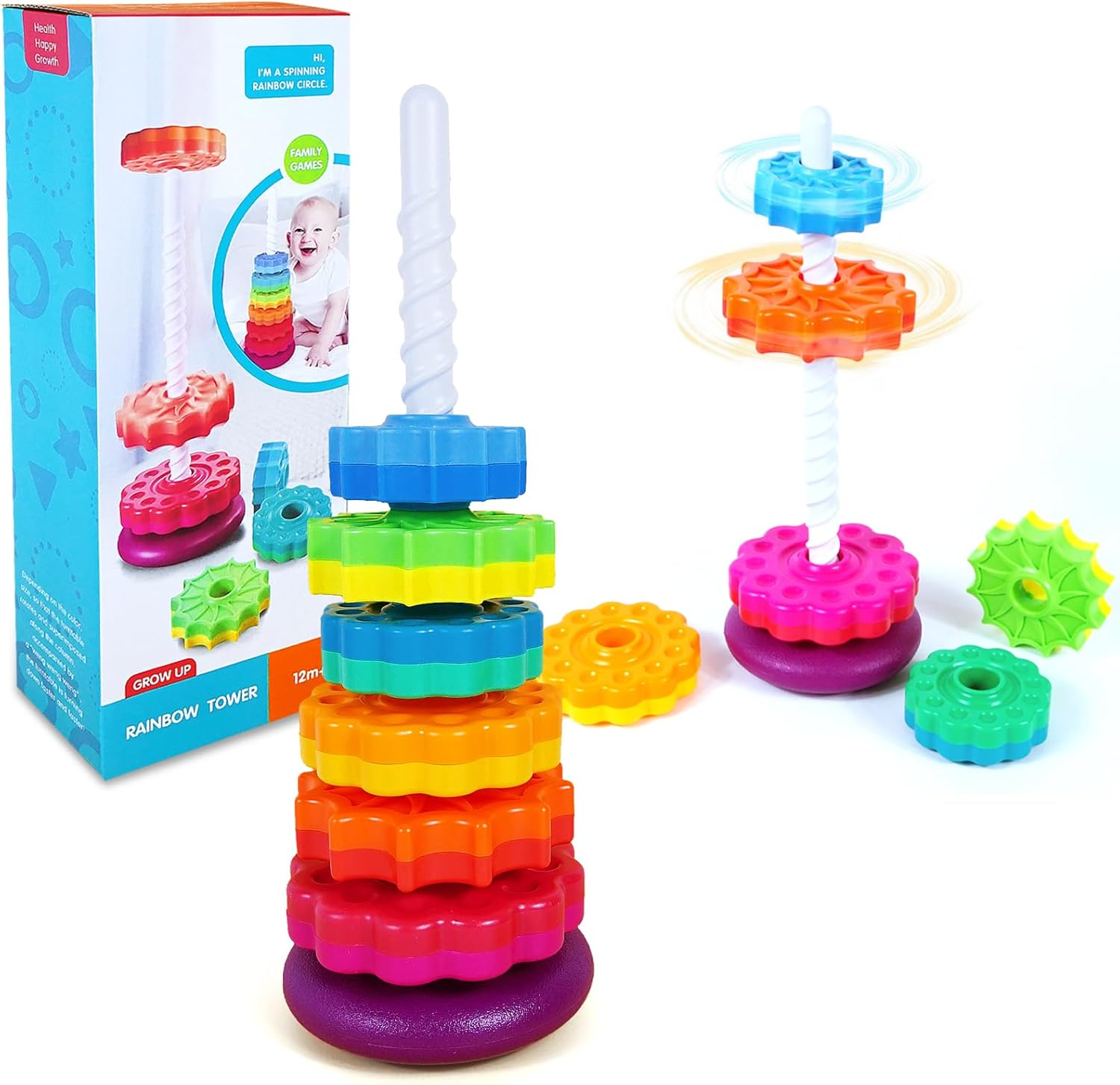 Peeokuo Baby Spin Stack Toy,Premium Stacking Toy for Kids,Baby Spinning Toy,Stacking Toy for Babies and Toddlers,Educational Toddler Learning Toys,Autism Spin Stack Toys,Rainbow Spinning Wheel Toys image number 4