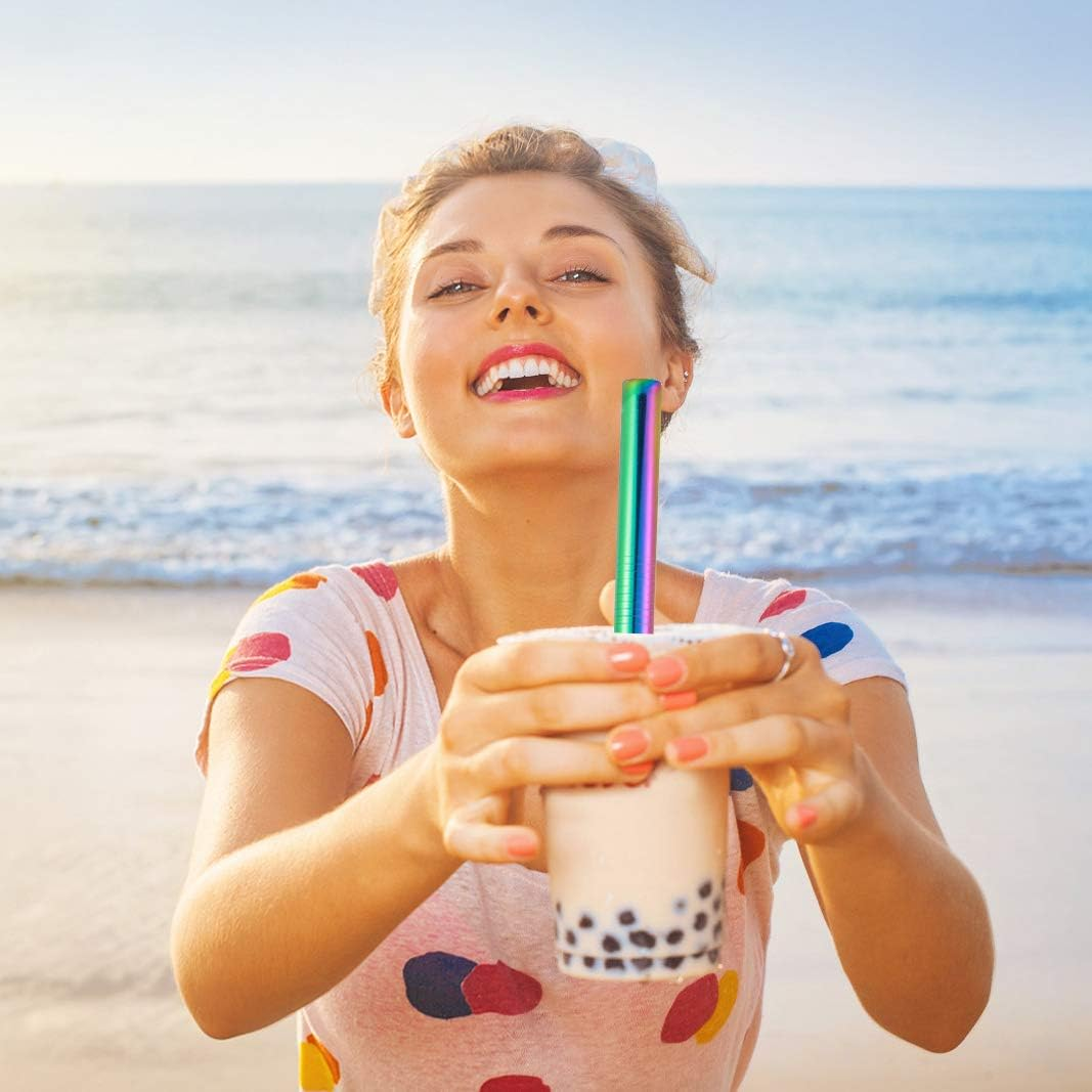 6 Pcs Reusable Bubble Tea Straws, Boba Straws 12Mm Wide Stainless Steel, Angled Tips Metal Straws for Bubble Tea, Milkshakes, Smoothies with Cleanning Brush & Case (Rainbow) - Rainbow image number 2