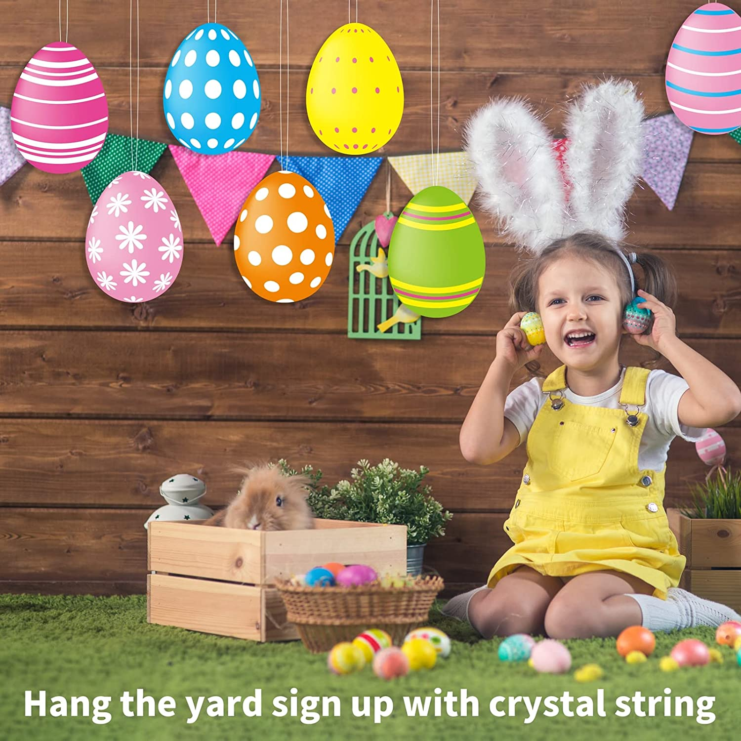 ADXCO 18 Pieces Easter Colorful Eggs Yard Signs with Stakes and String Double-Side Print Outdoor Easter Spotted Eggs Yard Decorations Waterproof Lawn Decorations for Easter Party Supplies image number 1