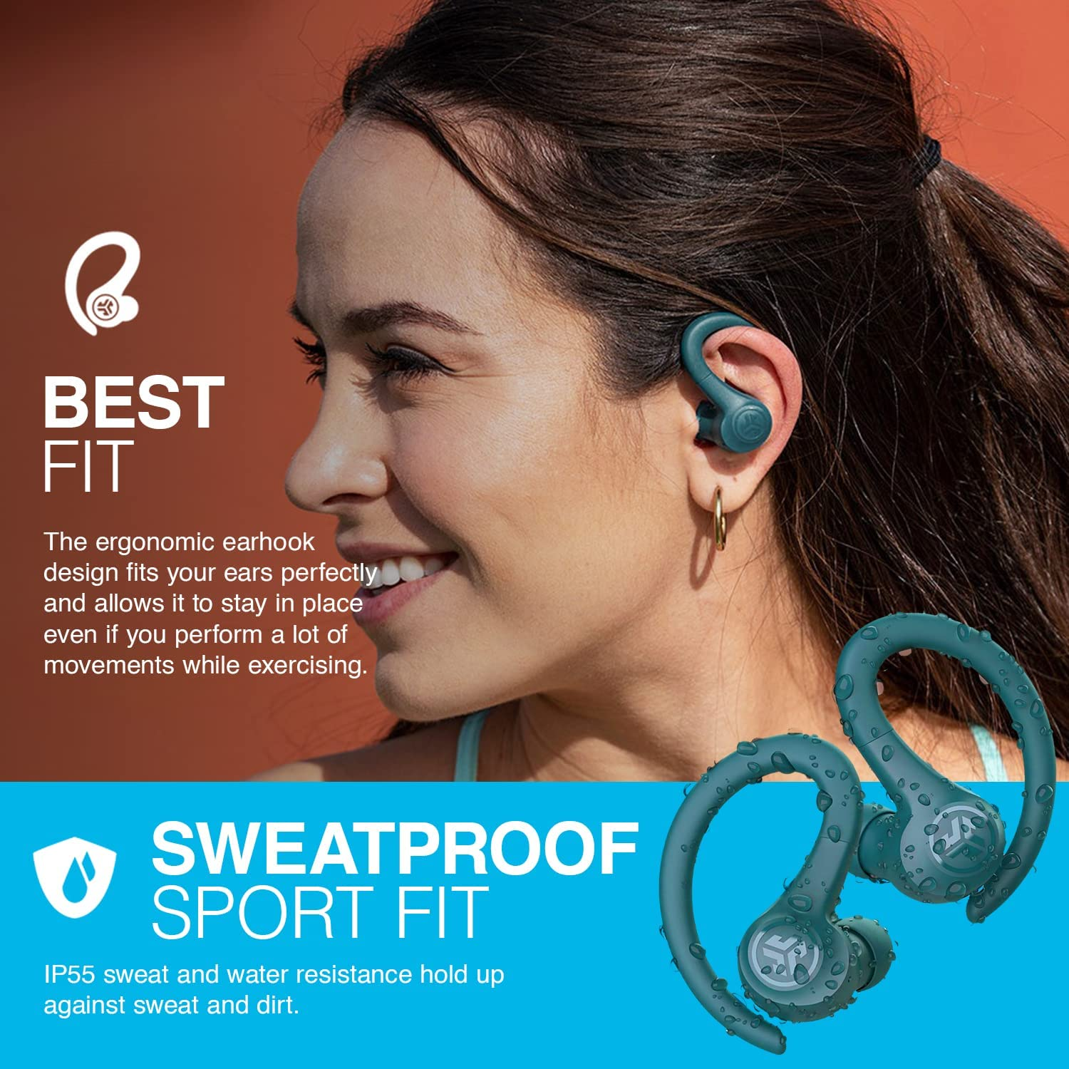 Jlab Go Air Sport, Wireless Workout Earbuds Featuring C3 Clear Calling, Secure Earhook Sport Design, 32+ Hour Bluetooth Playtime, and 3 EQ Sound Settings (Teal) image number 1